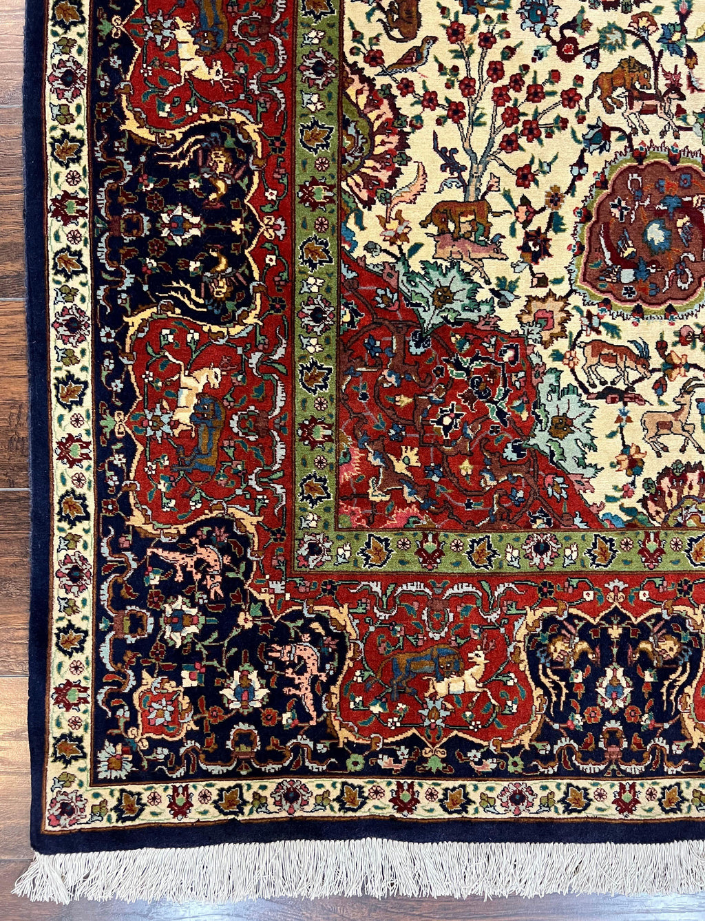 Wonderful Sino Persian Rug 6x10 with Animal Pictorial Motifs, Cream Dark Red Navy Blue, Birds Gazelles, Two Medallions, Top Quality Handmade