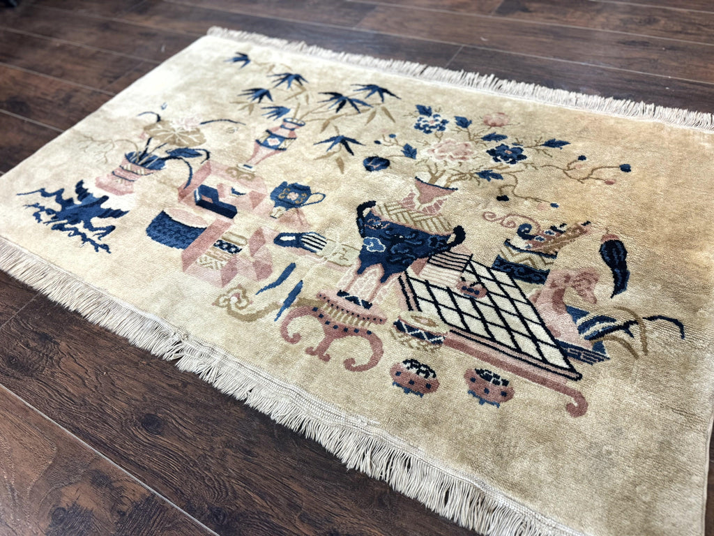 Chinese Rug 5x3, Horizontal Rug, Vases Flowers, Handmade Antique Vintage Carpet, Peking Rug, Chinese Wool Rug