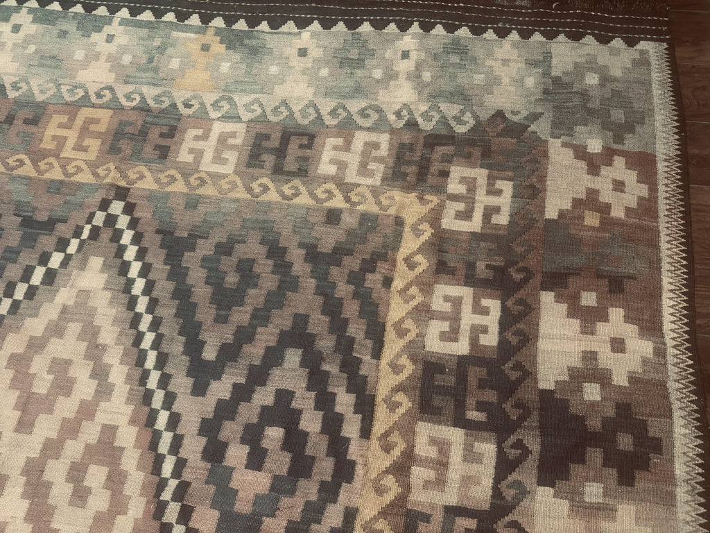 Antique Persian Tribal Kilim Rug 9x12, Zig Zag Pattern Kilim, Zarand Rug, Wool, Earth Tone Colors
