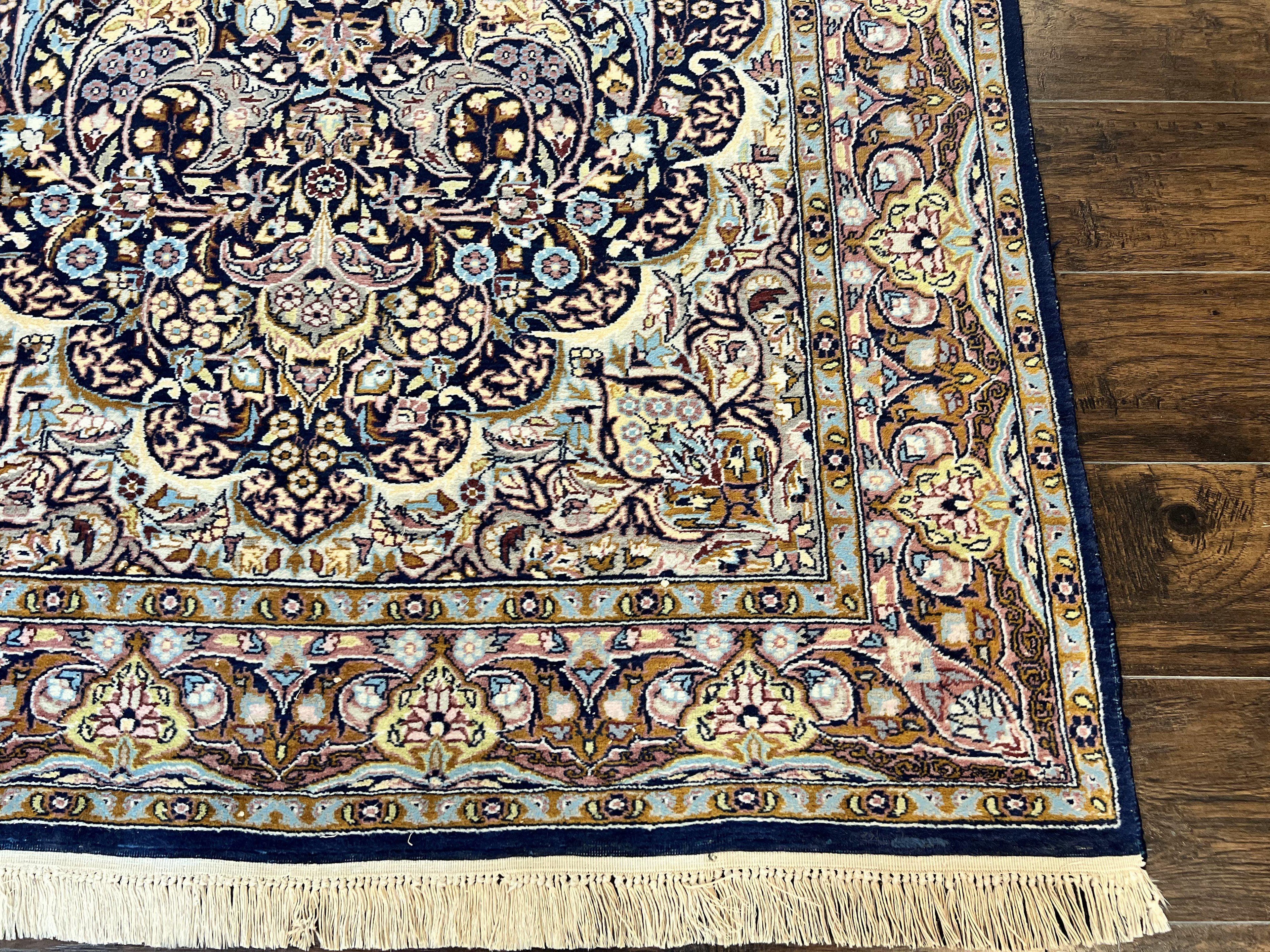 Pak Persian Rug 5x7, Navy Blue Hand Knotted Wool Oriental Carpet 5 x 7 ft, Floral Medallion, Traditional Vintage Pakistani Rug, 225 KPSI