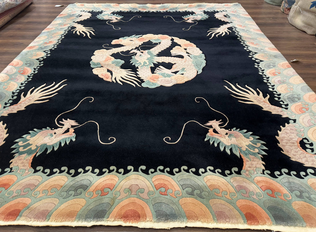 Black Chinese Wool Rug 8x10 with Dragons, Rainbow Borders, Rare