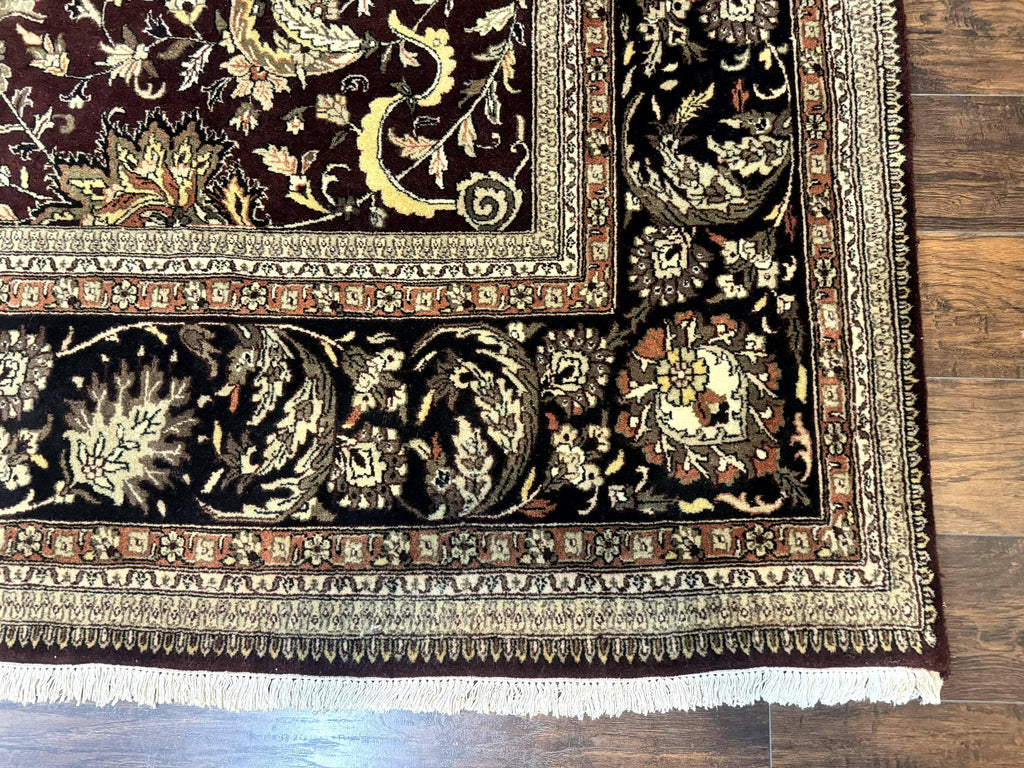 Indo Persian Rug 10x14, Floral Allover, Handmade Vintage Wool Rug, Dark Maroon/Plum and Black