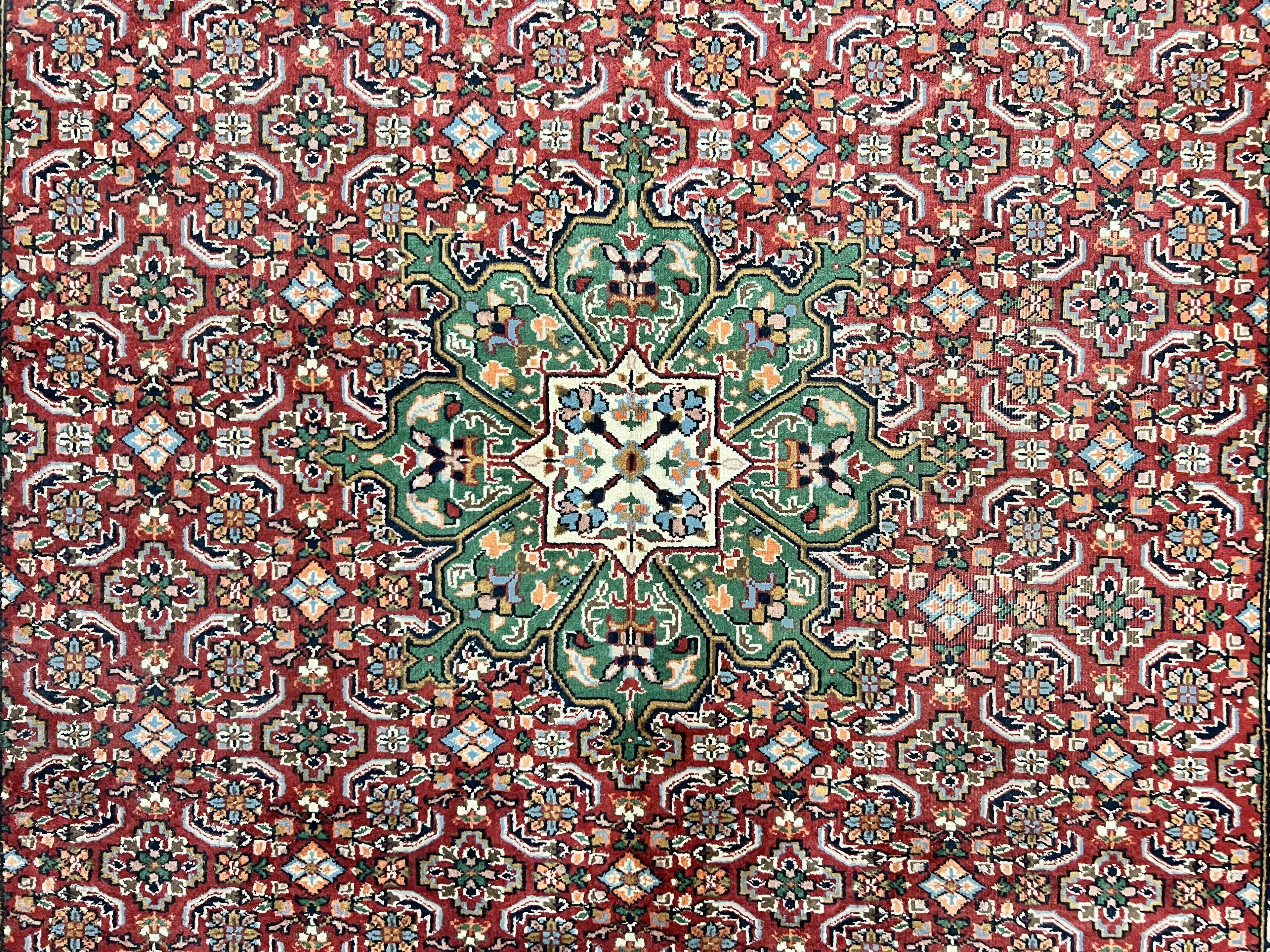 Persian Tabriz Rug 7x10, Wool Hand Knotted Vintage Carpet, Red Green & Cream, Herati Pattern, 7 x 10 Room Sized Oriental Rug