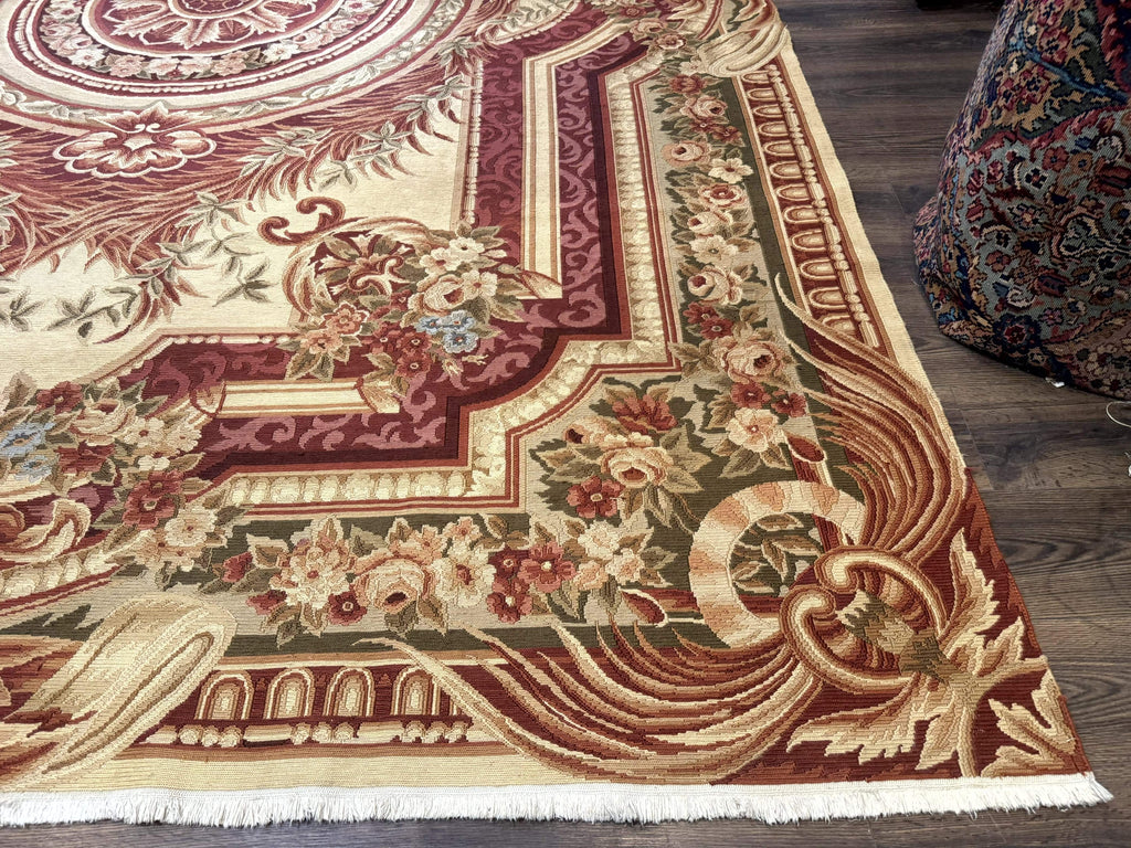 Large Aubusson Rug 10x13, Thick Flatweave Carpet, Elegant European Design, Cream and Raspberry