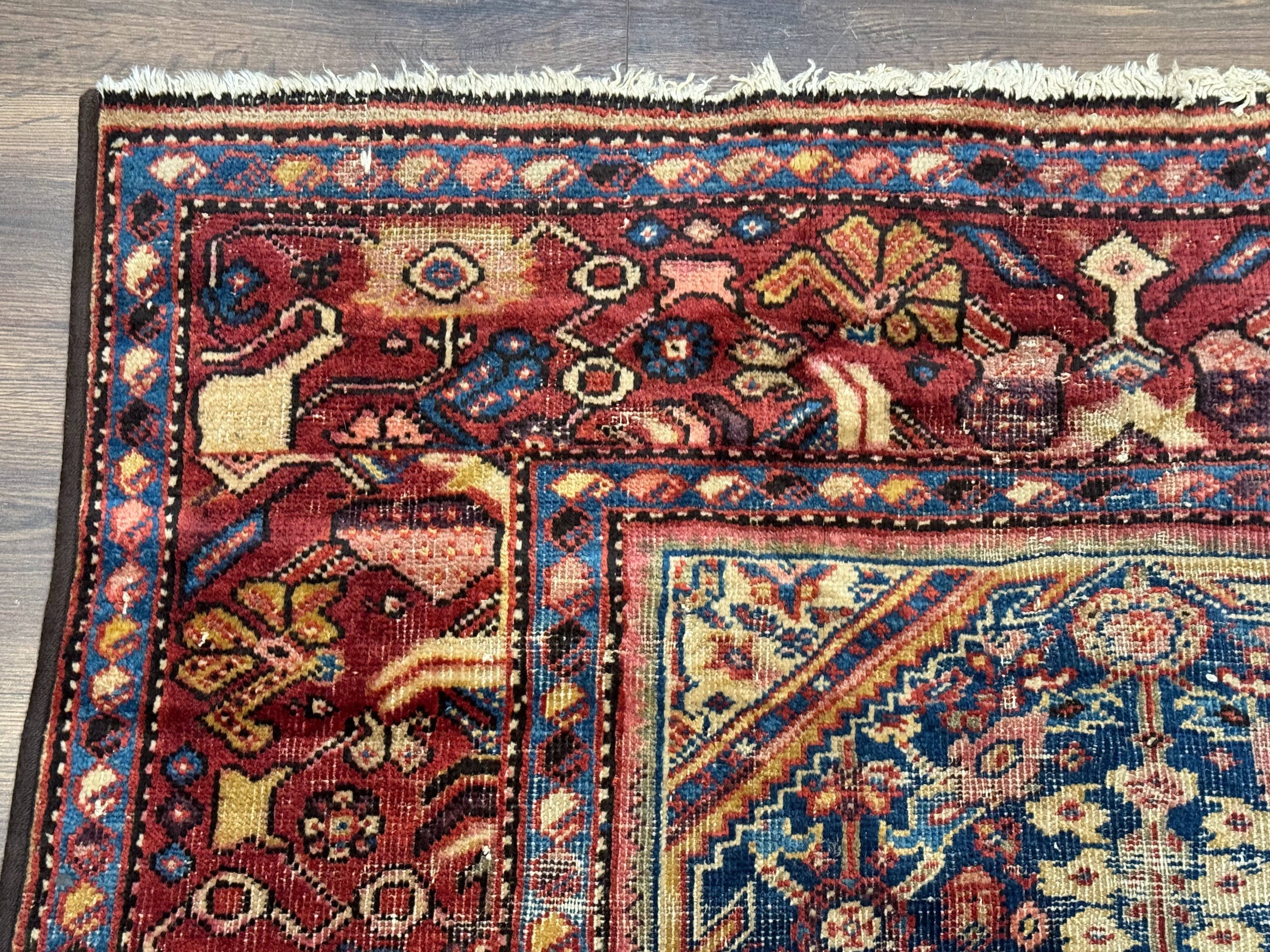 Antique Persian Rug 4x7, Blue and Red Malayer Carpet, Rare