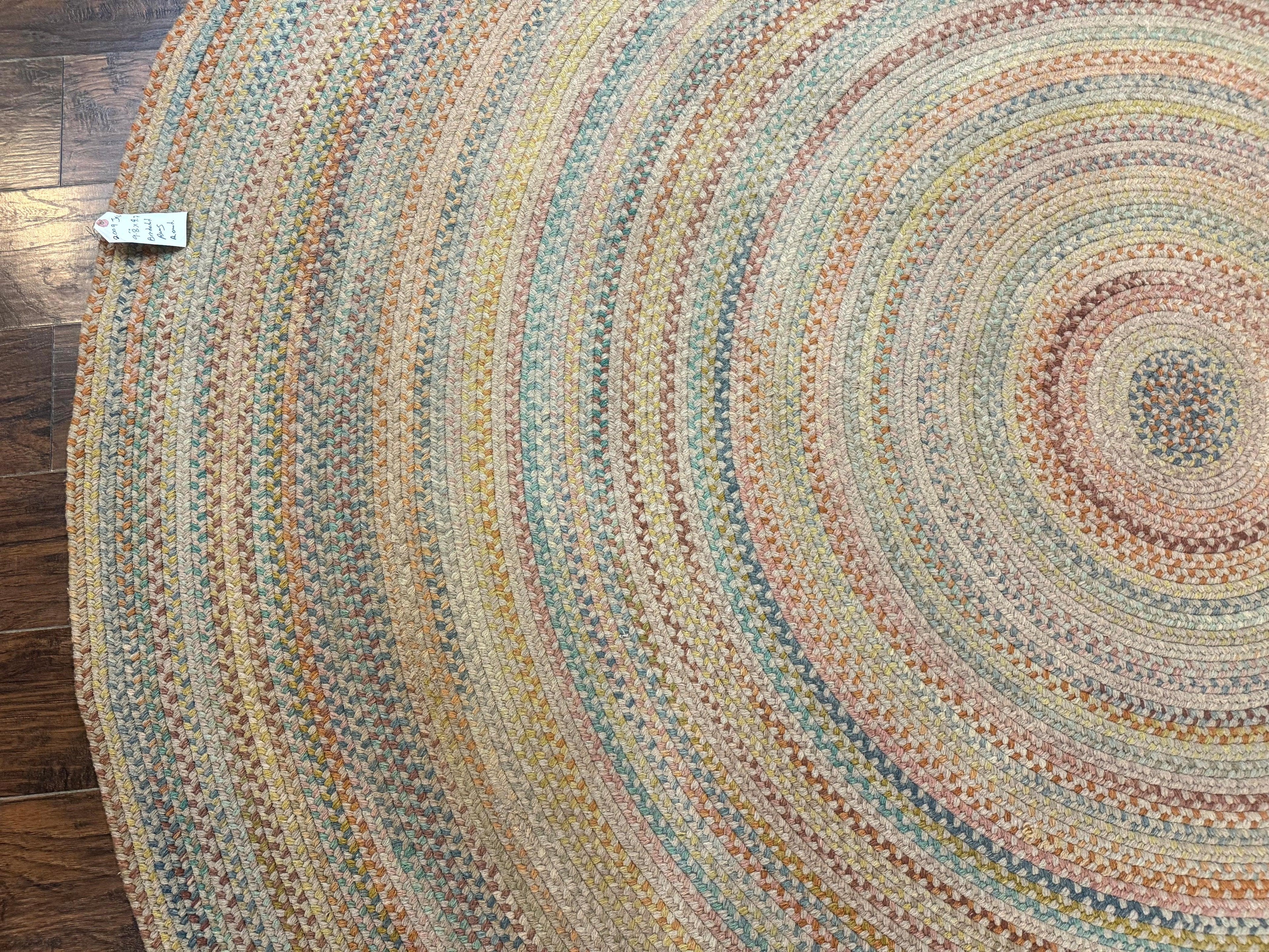 Large American Round Braided Rug 10x10, Multicolor, Vintage, Mid Century, Hand Braided