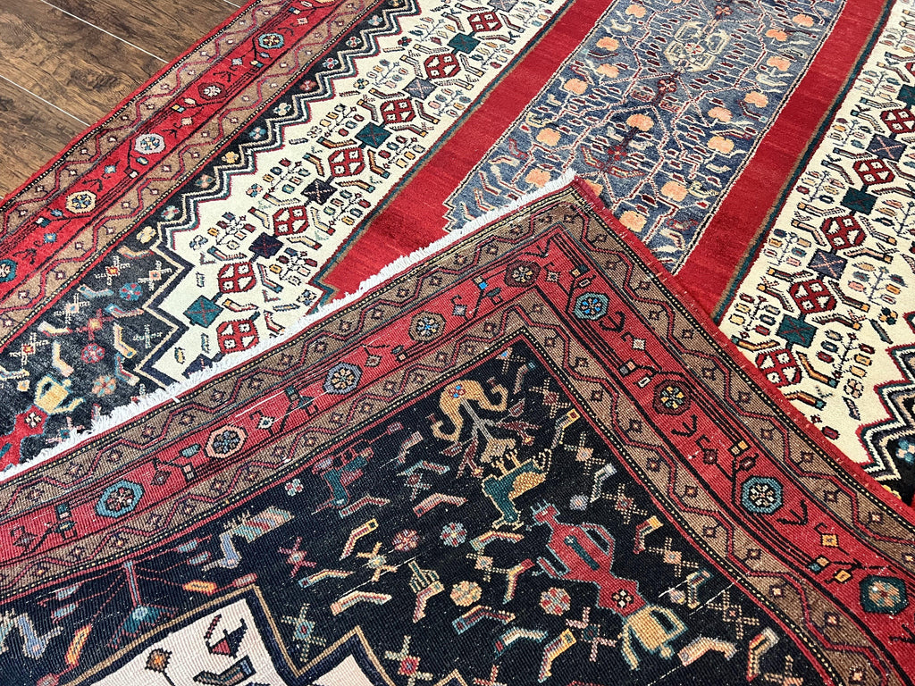 Persian Rug 5x12 ft, Red Cream Navy Blue, Pictorials, Hand Knotted Handmade Wide Runner Tribal Bidjar Semi Antique Wool Geometric Oriental Rug