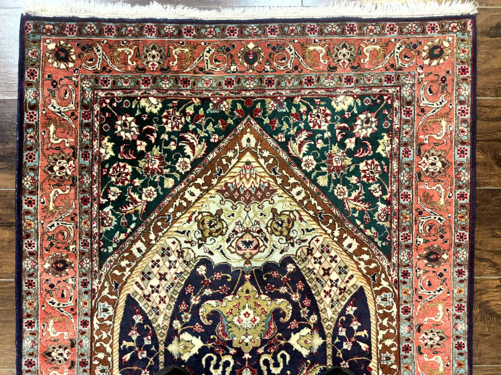Persian Tabriz Rug 3x4, Navy Blue, Birds, Floral, Prayer Rug, Handmade Wool Rug, Finely Hand Knotted 325 KPSI