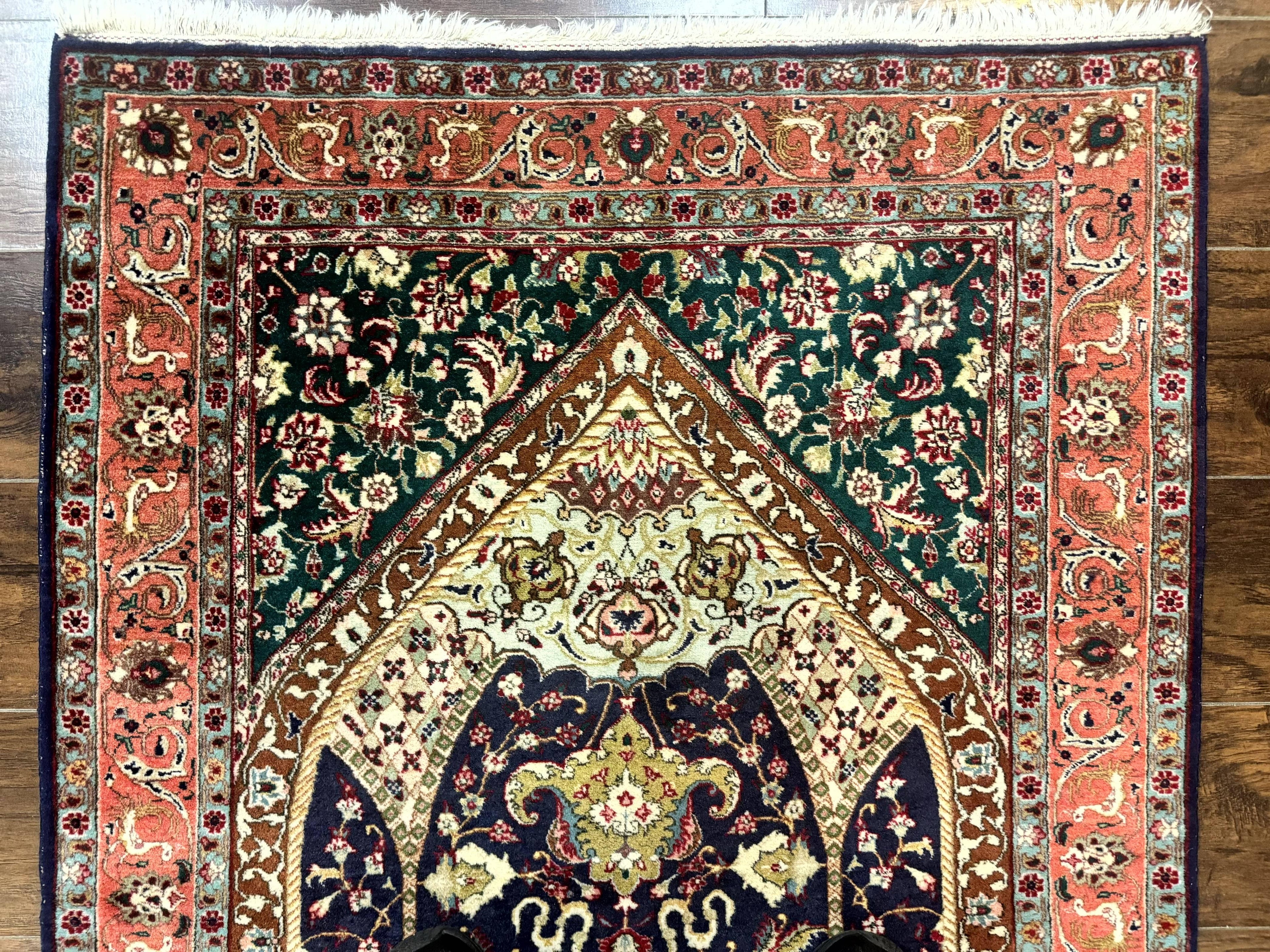 Persian Tabriz Rug 3x4, Navy Blue, Birds, Floral, Prayer Rug, Handmade Wool Rug, Finely Hand Knotted 325 KPSI