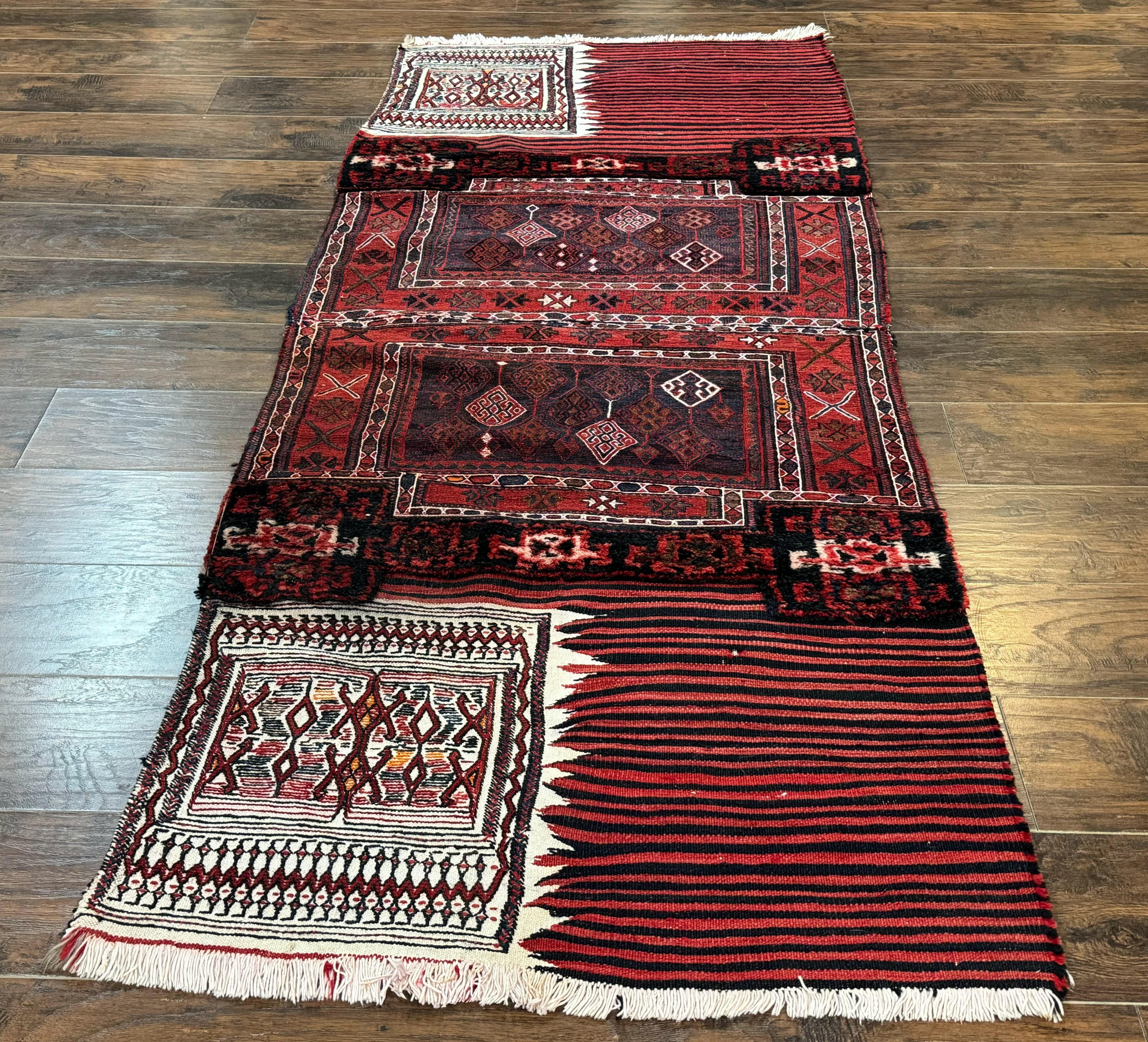 Persian Tribal Nomadic Saddle Cover Rug, Antique, Handmade, Wool, Red Ivory Black, Collectible, Shahsavan