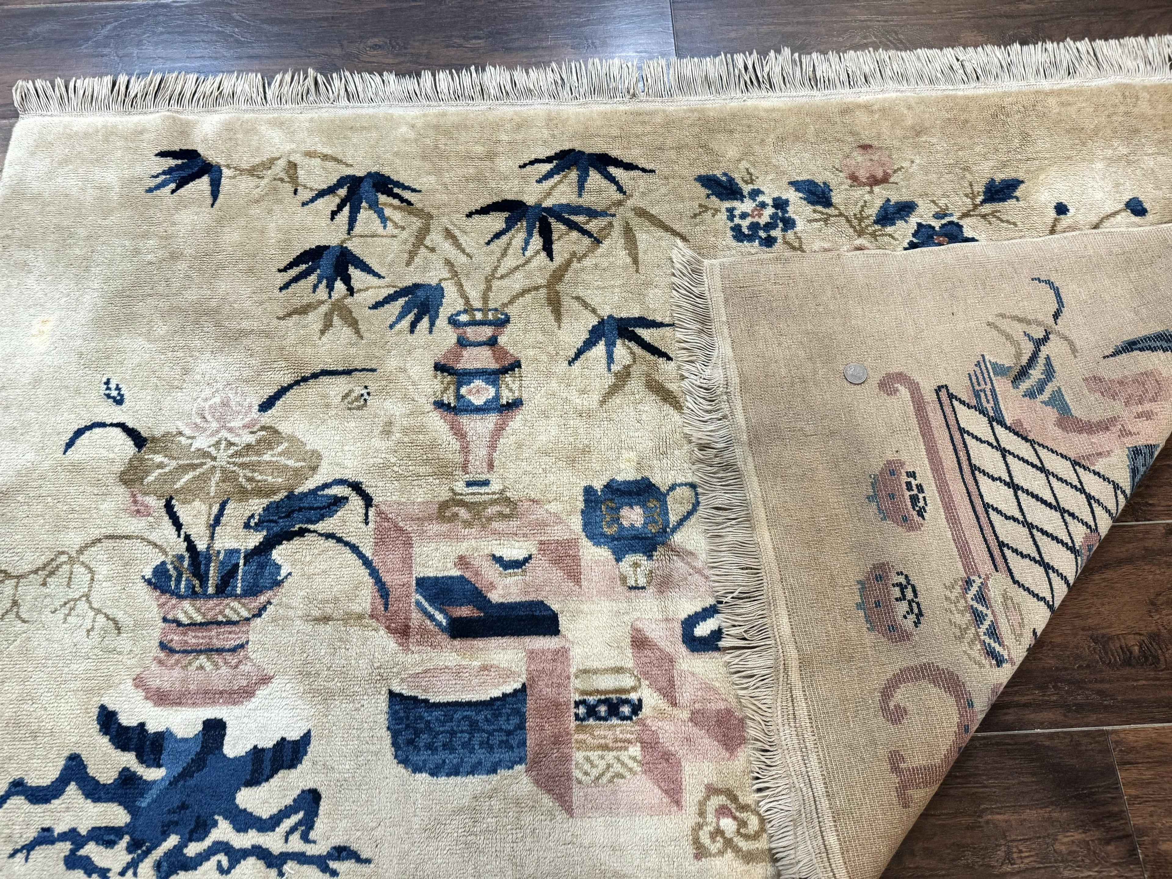 Chinese Rug 5x3, Horizontal Rug, Vases Flowers, Handmade Antique Vintage Carpet, Peking Rug, Chinese Wool Rug