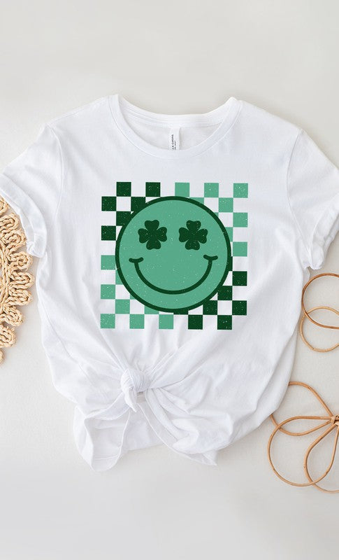 Checker Clover Smiley St Patrick PLUS Graphic Tee T-Shirt