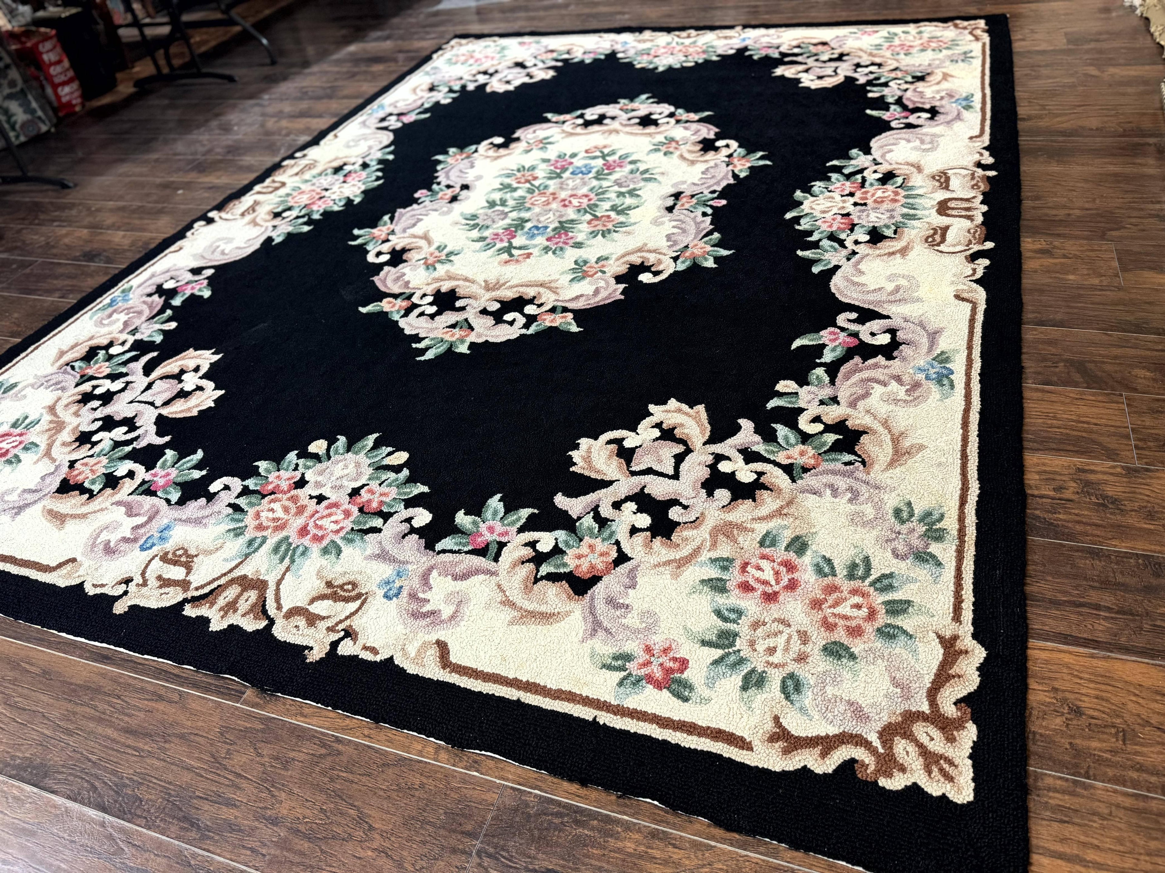 Aubusson Rug 8x11, Black and Ivory, Hooked Rug, Vintage, Wool