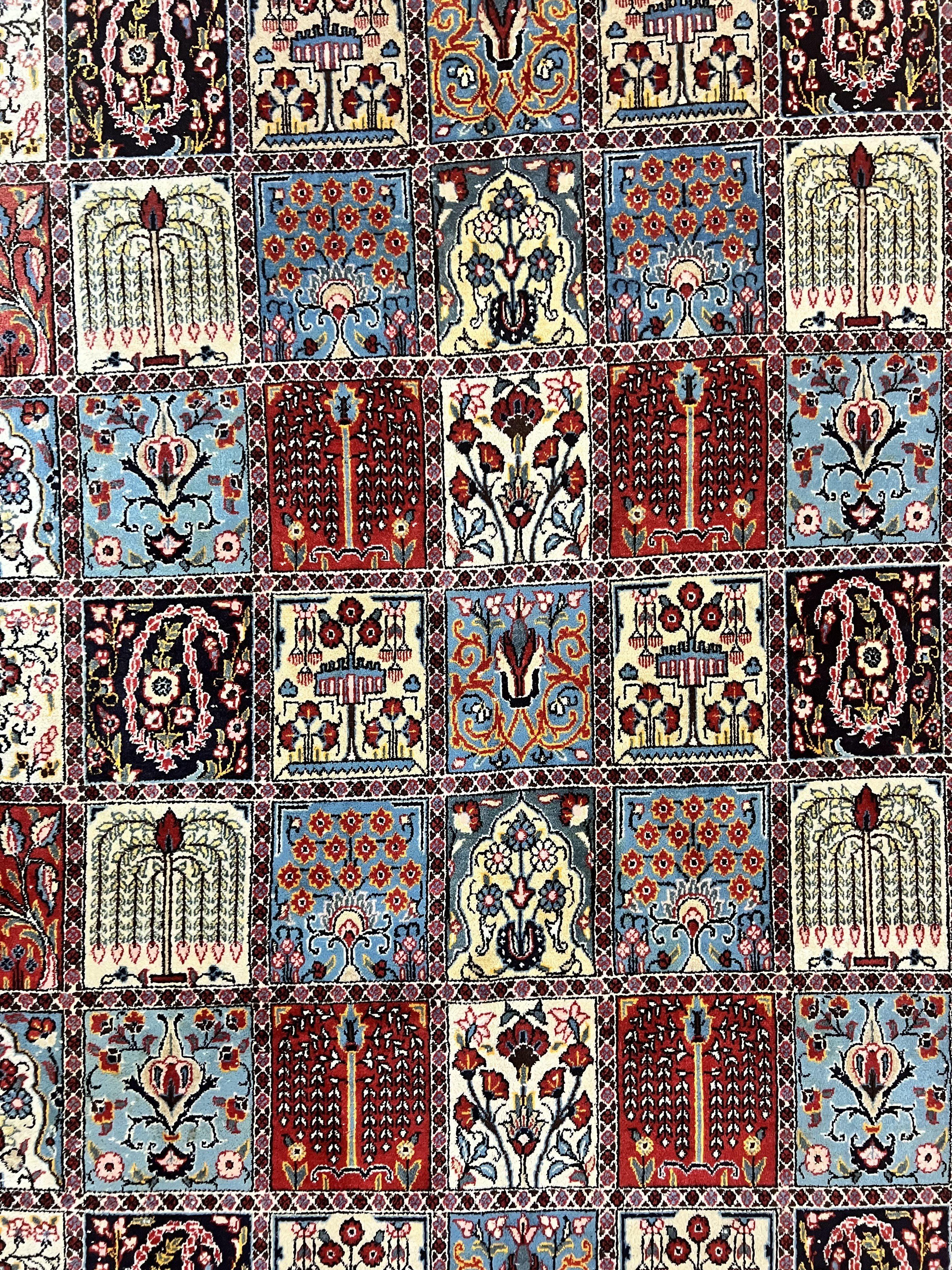 Persian Qum Rug 9x13, Multicolor Panel Design, Red Blue Cream, Hand Knotted Vintage Large Wool Rug