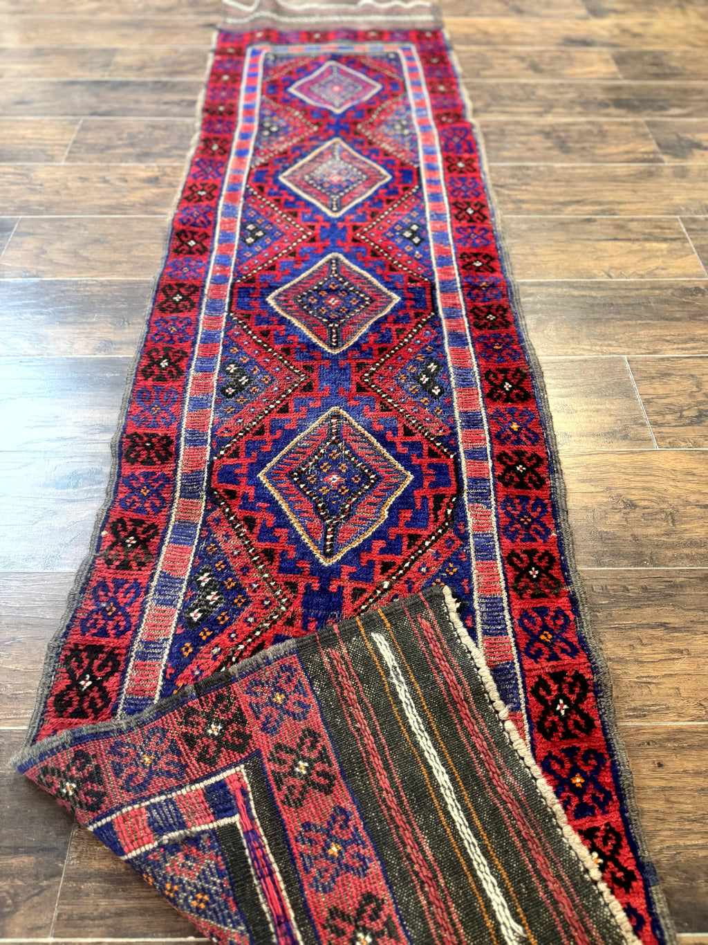 Turkoman Runner Rug 2 x 8.6, Skinny Runner, Handmade Wool Carpet for Hallway, Red and Blue, Wool, Vintage 8ft Runner