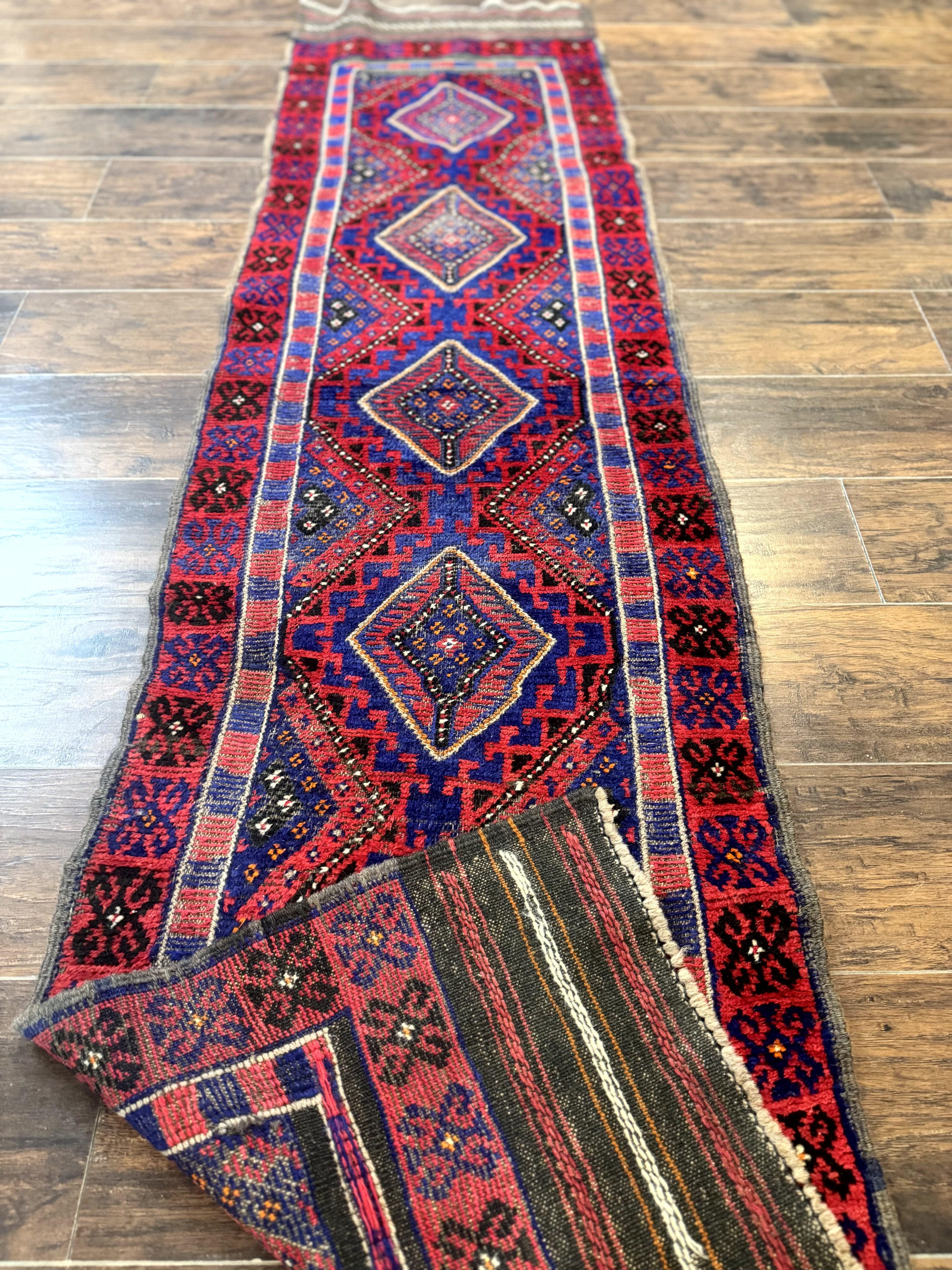 Turkoman Runner Rug 2 x 8.6, Skinny Runner, Handmade Wool Carpet for Hallway, Red and Blue, Wool, Vintage 8ft Runner