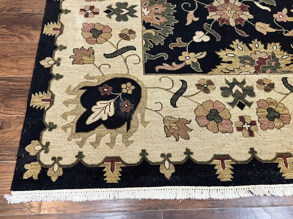 Indo Persian Rug 10x14, Wool Handmade Room Sized Floral Oriental Carpet, Indian Mahal Flatweave Rug, Black Beige