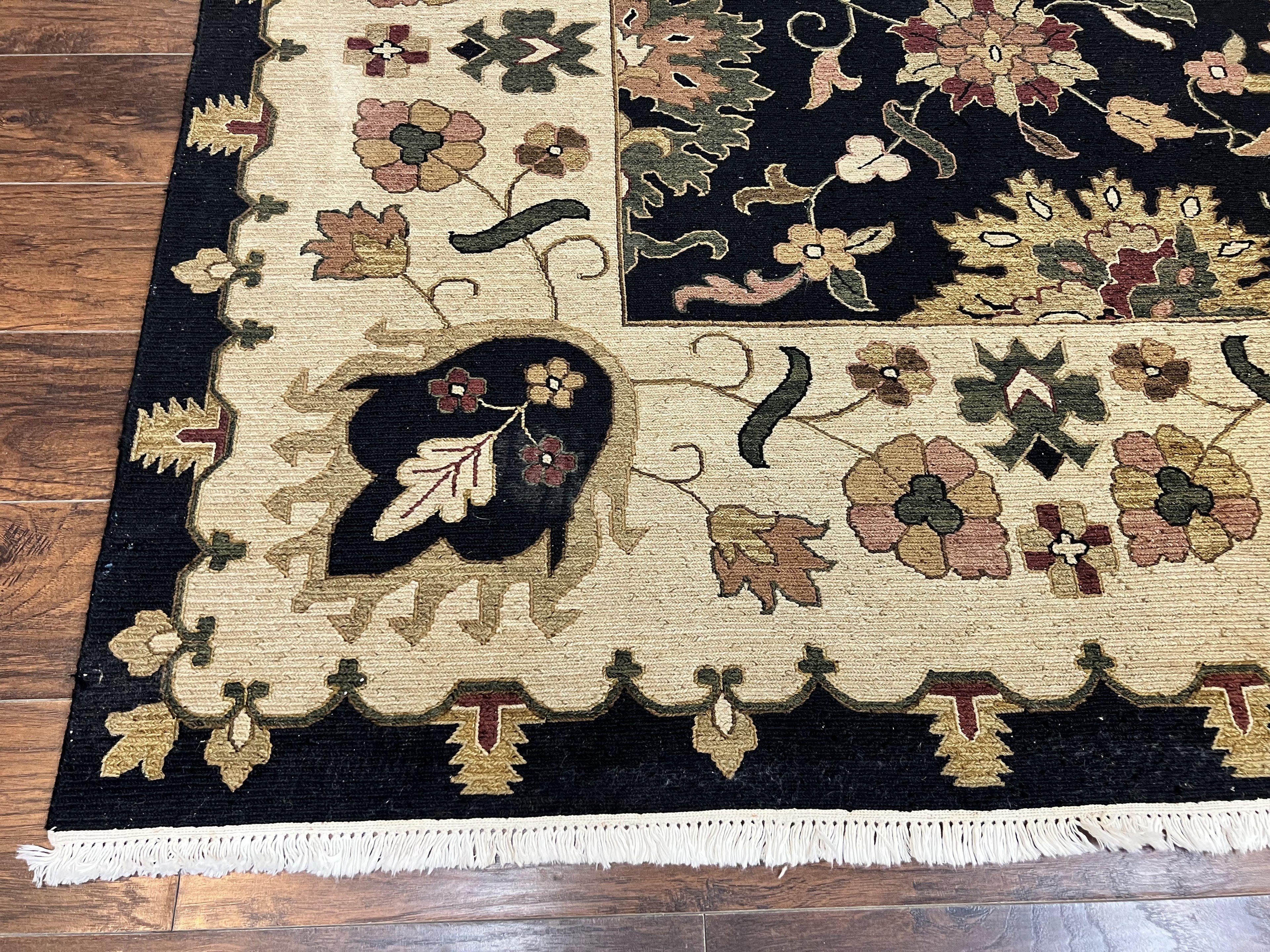 Indo Persian Rug 10x14, Wool Handmade Room Sized Floral Oriental Carpet, Indian Mahal Flatweave Rug, Black Beige