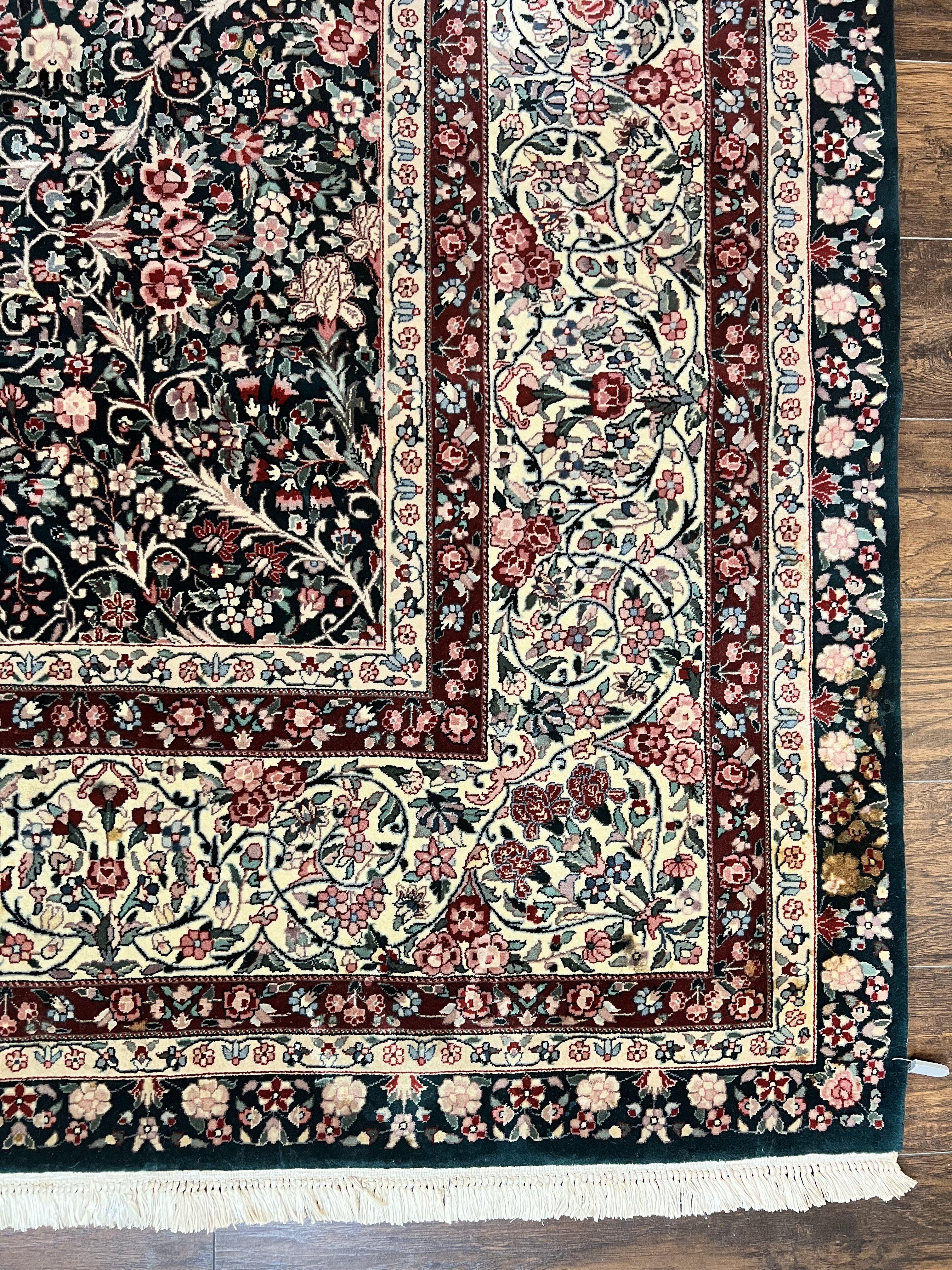 Large Sino Persian Rug 10x14, Wool Hand Knotted Vintage Carpet, Dark Green & Beige, Kirman Floral Rug, Fine Weave, Traditional, Large