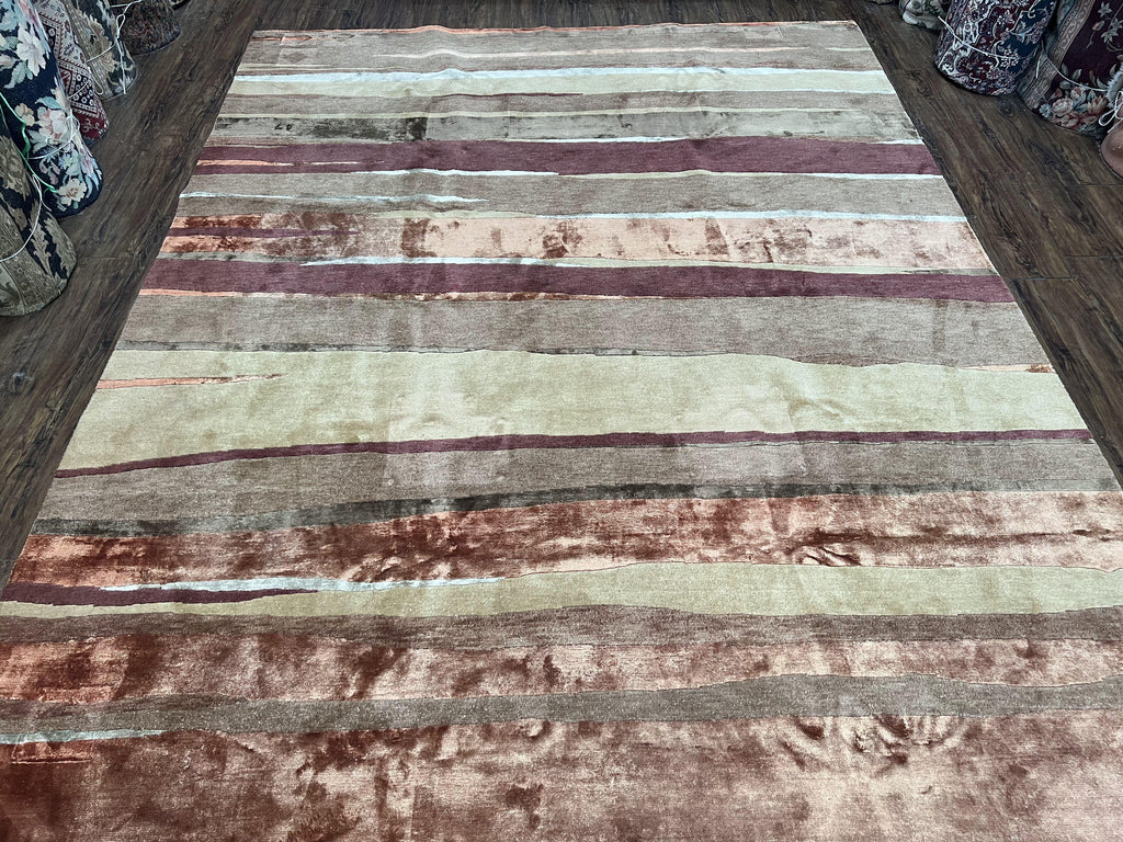 Modern Tibetan Rug 8x11 Nepali Carpet, Shiny Velvely Soft Wool and Silk, Contemporary Hand Knotted Rug, Striped Design, Wool Area Rug 8 x 11