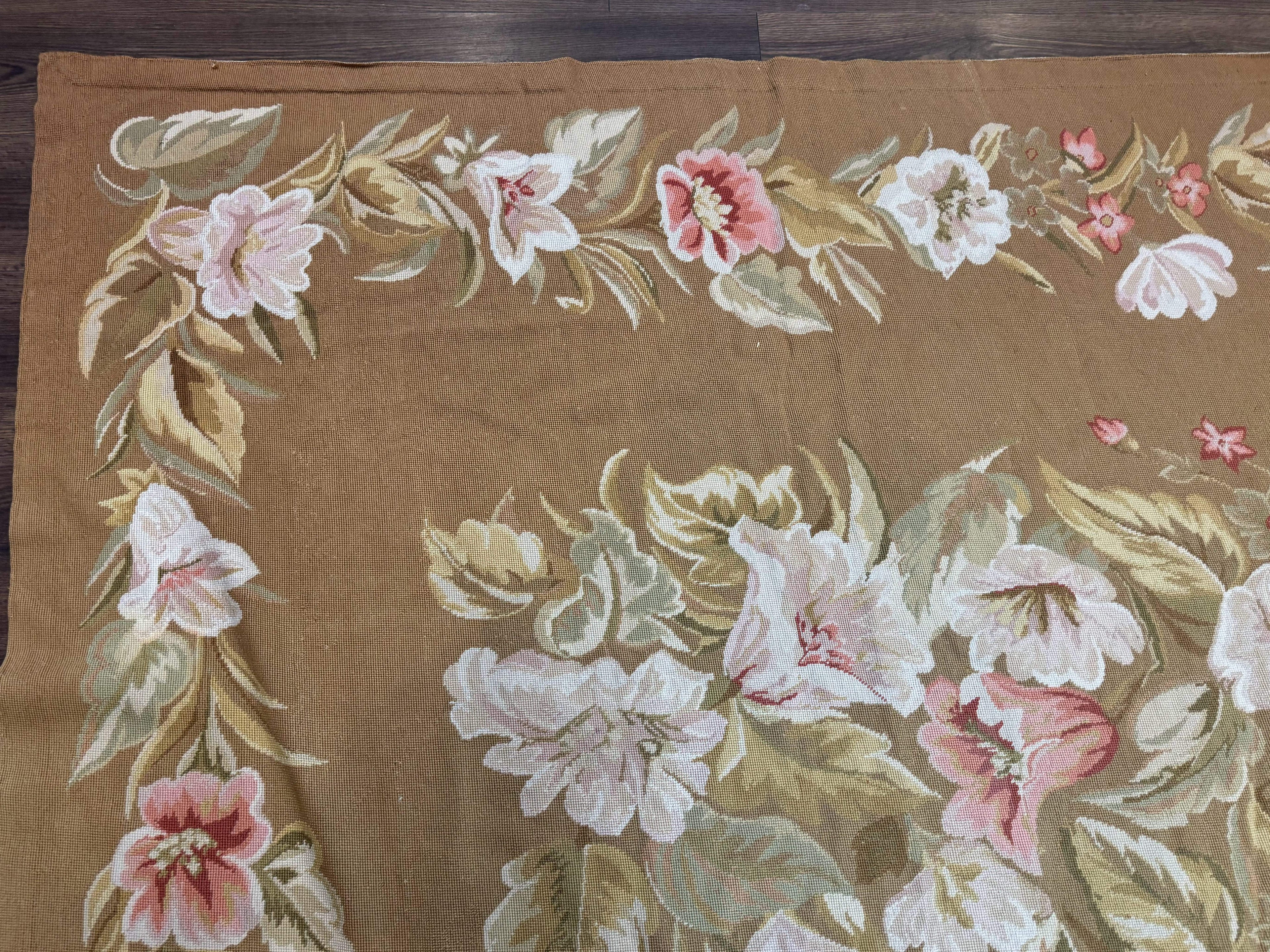 Large Needlepoint Rug 11x14, Vintage Floral Wool Carpet, Caramel