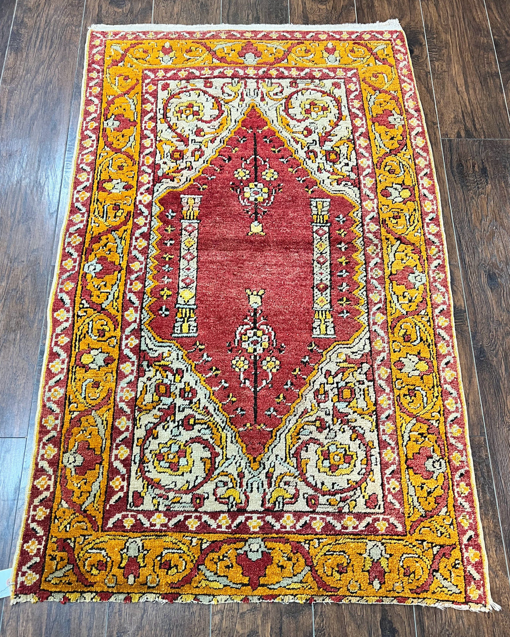 Antique Turkish Prayer Rug 3x5, Hand Knotted Turkish Melas Oushak Wool Carpet, Mehrab Rug, Orange & Red Vintage Rug 3 x 5 Collectible
