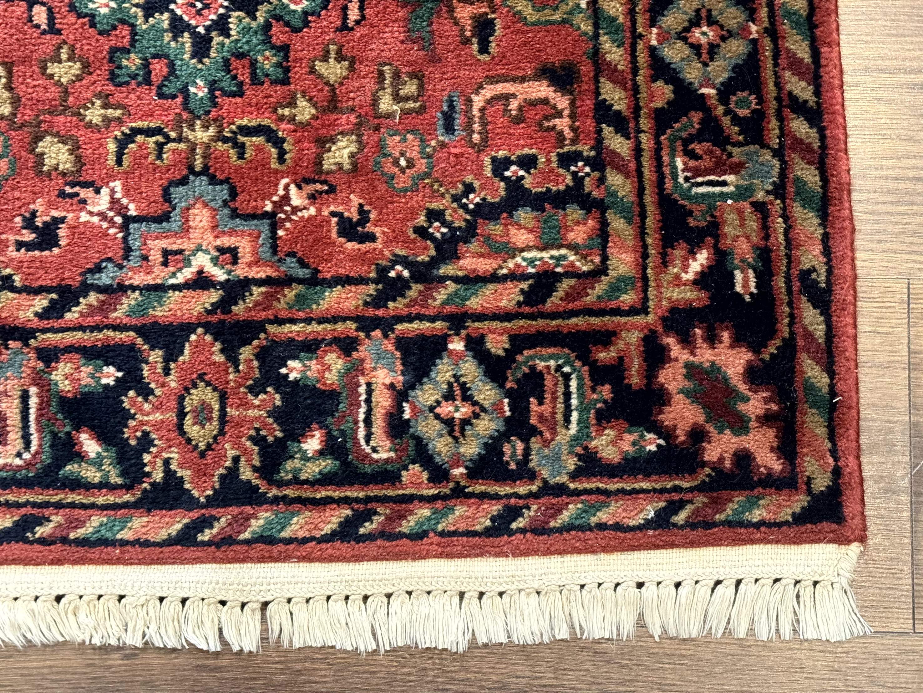 Indo Persian Heriz Runner Rug 2 x 12 ft, Hand Knotted Wool Hallway Rug, Red & Black