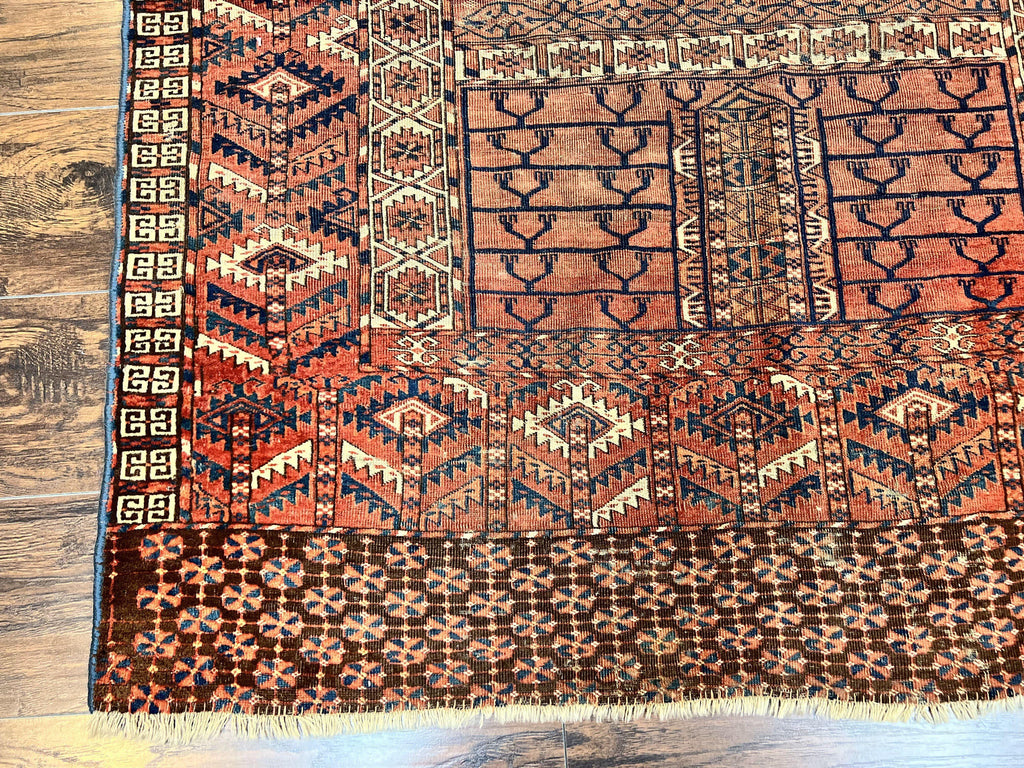 Antique Turkoman Rug 4x4, Hatchli Square Carpet, Wool Handmade Four Season Yamud Design Rug, Red Bohemian Tribal Rug, Engsi Tekkeh Rug