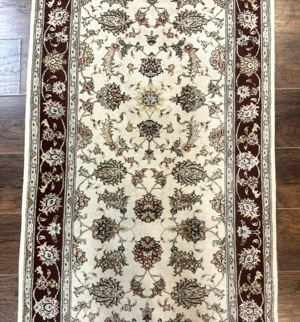 Pak Persian Runner Rug 2.8 x 8, Handmade Vintage Carpet, Beige and Maroon, Wool and Silk Highlights