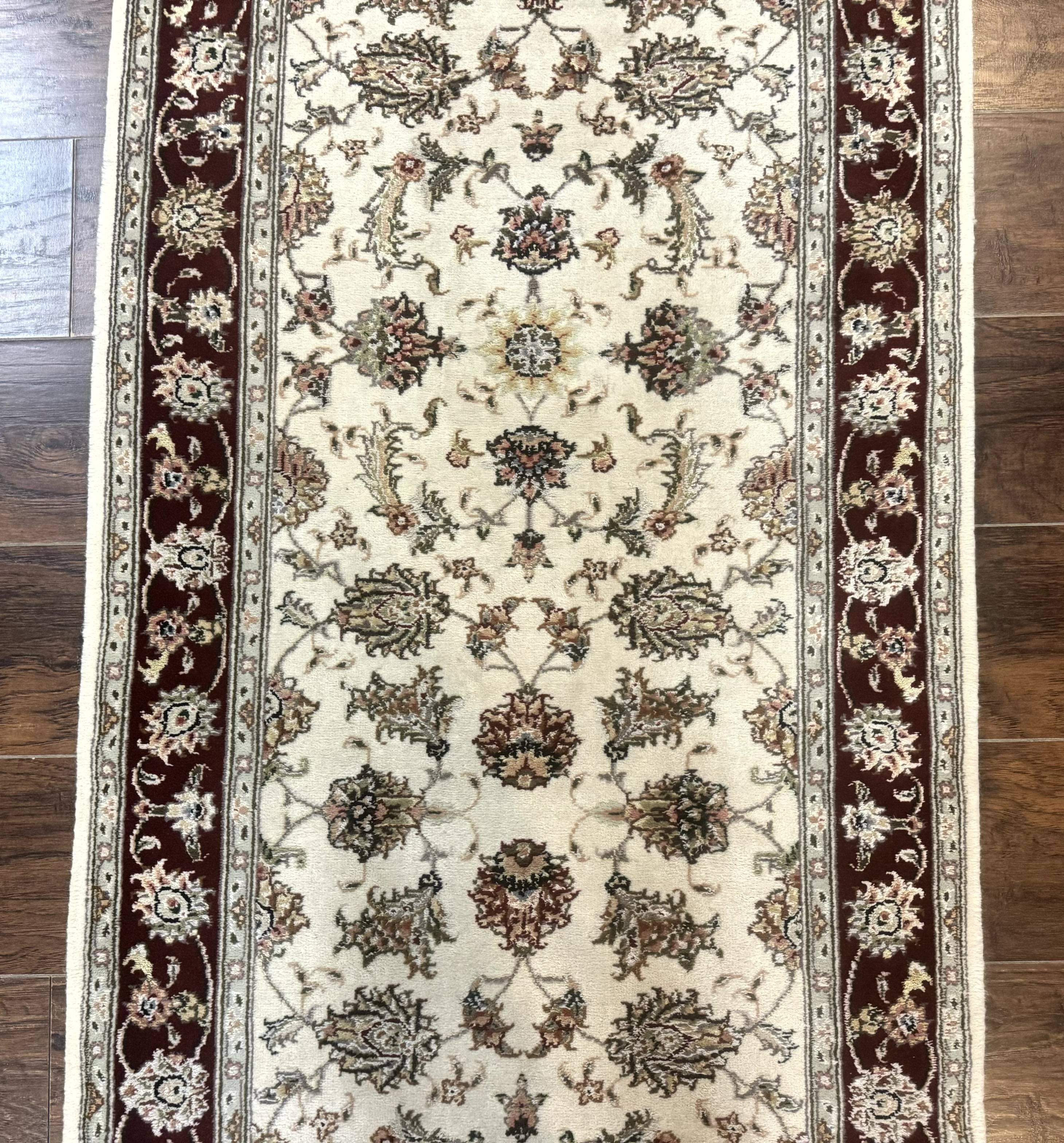 Pak Persian Runner Rug 2.8 x 8, Handmade Vintage Carpet, Beige and Maroon, Wool and Silk Highlights