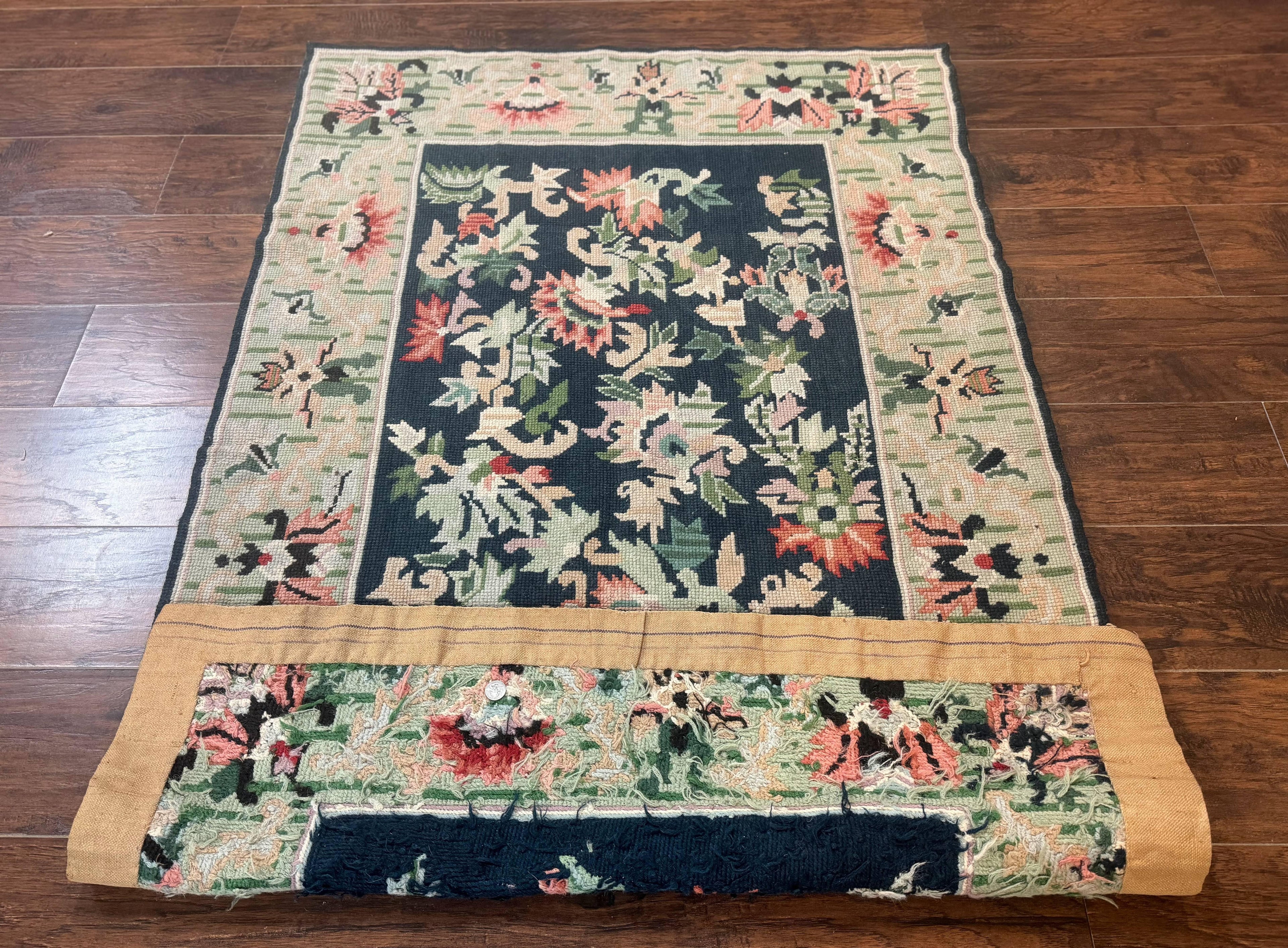 Vintage American Needlepoint Rug 4x6, Dark Green, Wool, Handmade, Flatweave Carpet