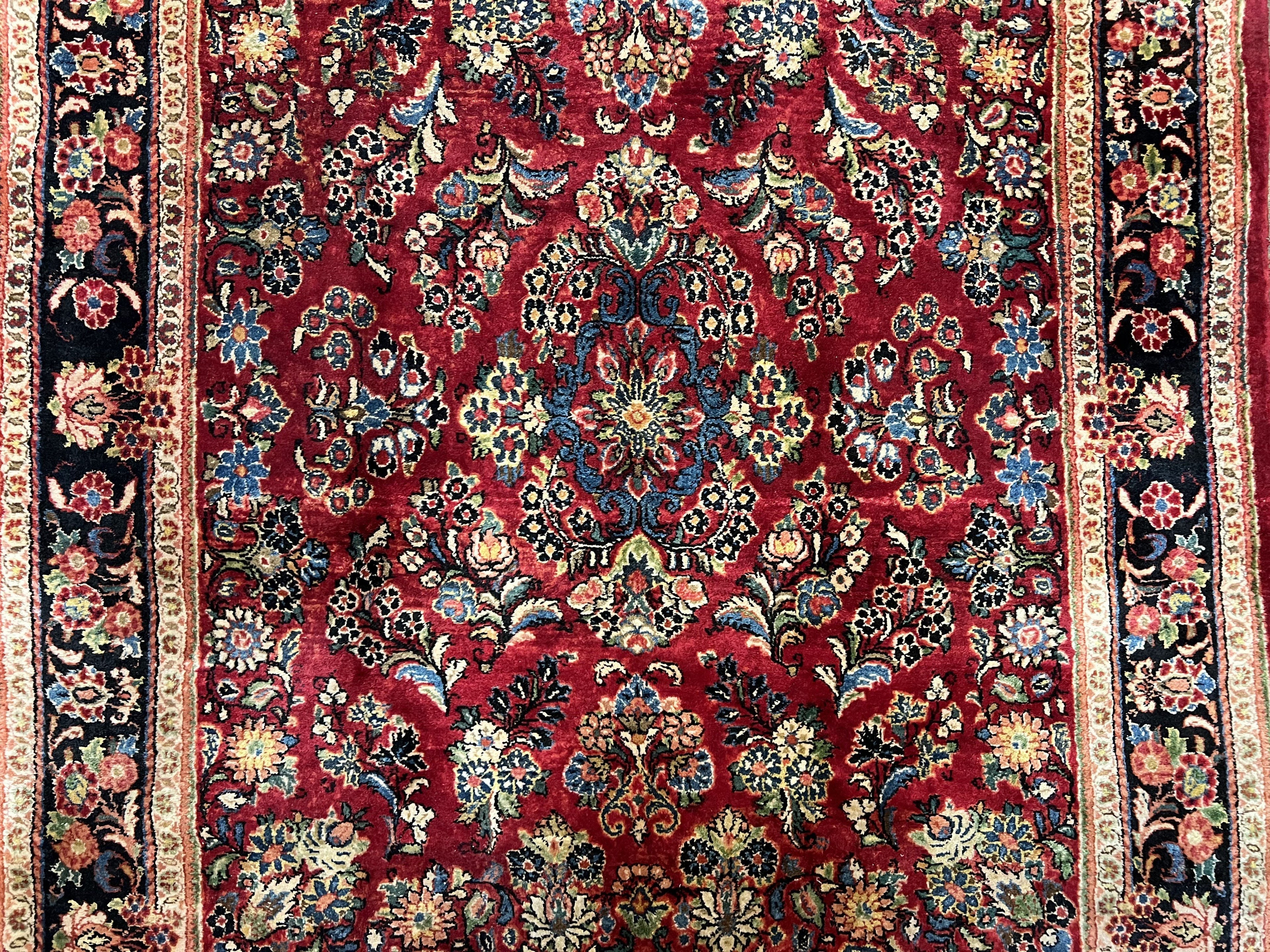 Persian Sarouk Rug 5x6, Hand Knotted Antique 1920s Sarouk, Red Navy Blue