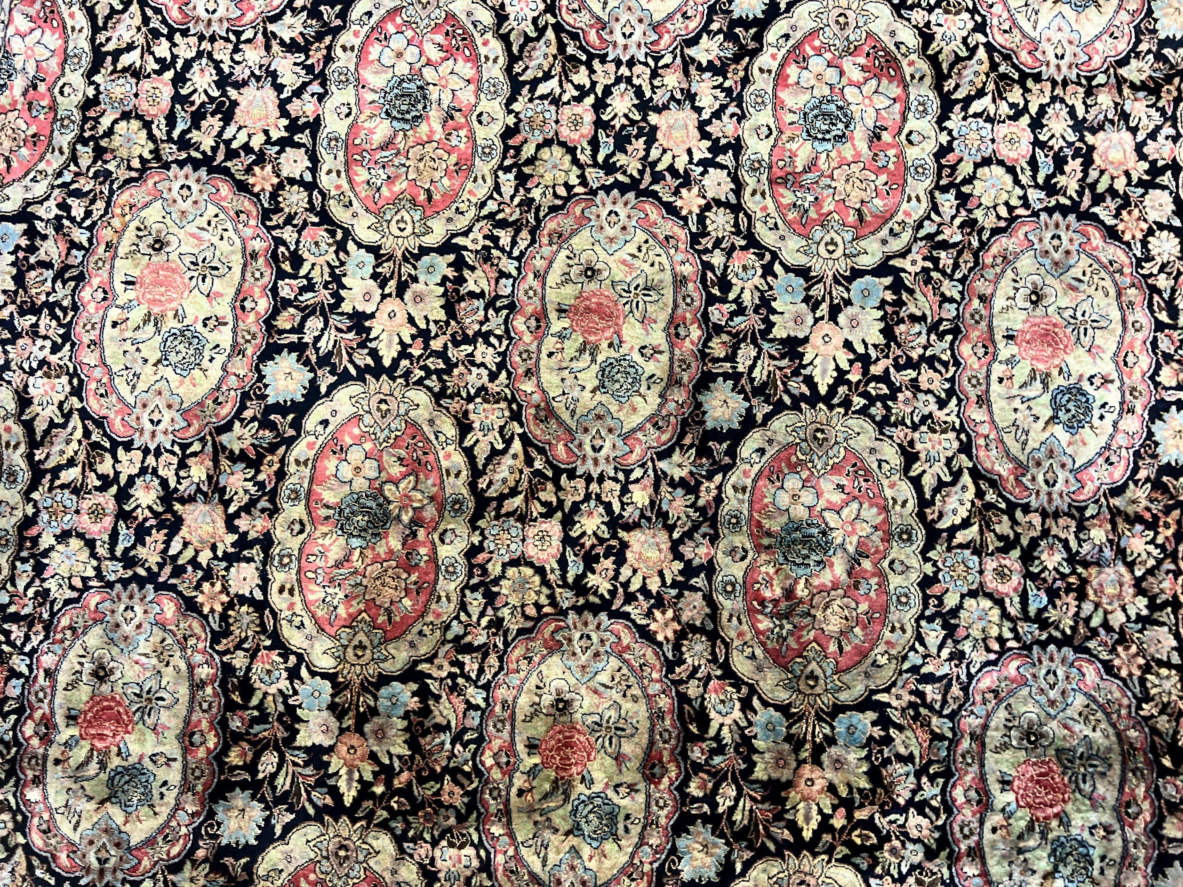 Sino Persian Rug 9x12, Navy Blue and Pink Hand Knotted Wool and Silk Highlights Vintage Oriental Carpet, Handmade Floral Area Rug 9 x 12 ft