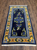 Chinese Art Deco Rug 3 x 5.9, Handmade Chinese Peking Carpet, Dark Blue and Gold, Medallion, Asian Oriental 3x6 Hand Knotted Vintage Rug