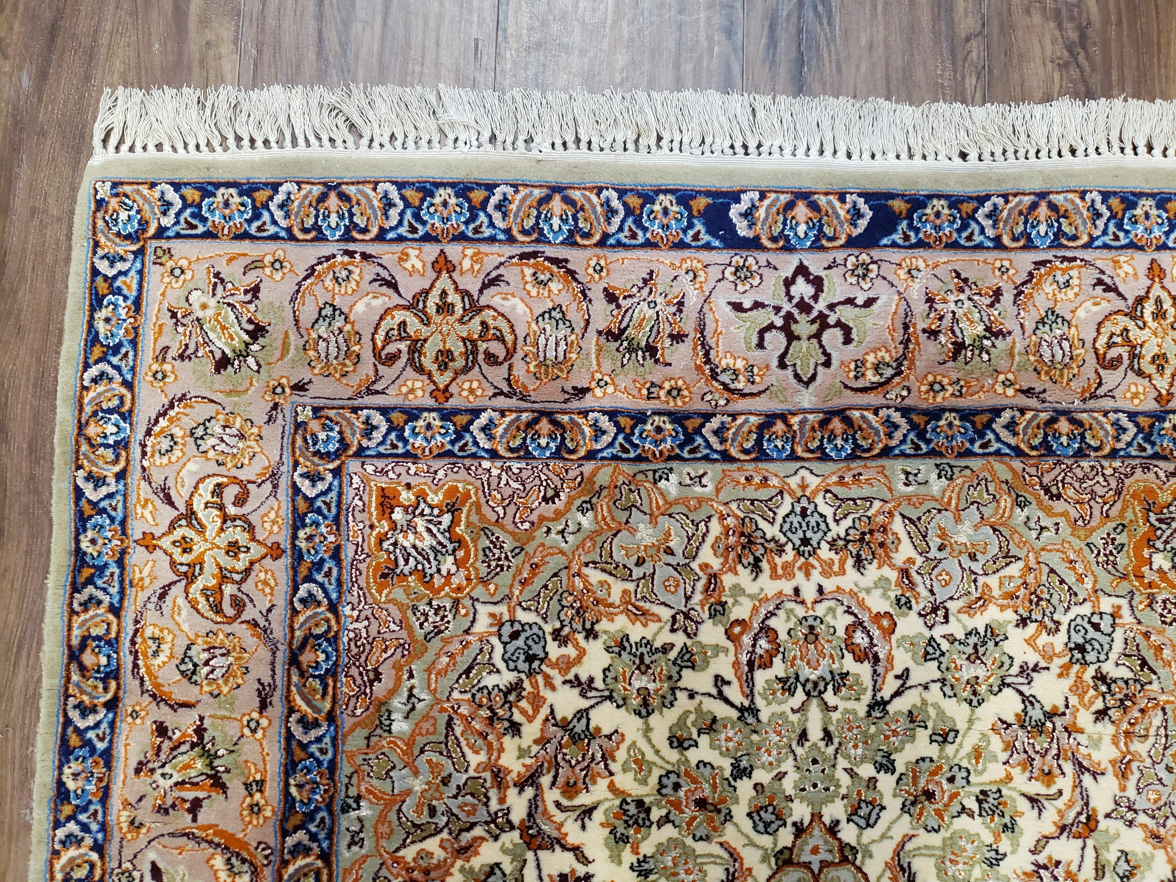 Vintage Persian Isfahan Lachak Toranj Rug, Highly Detailed, Kork Wool on Silk Foundation, Beige and Dark Blue, Hand-Knotted, 3'6" x 5' 4"