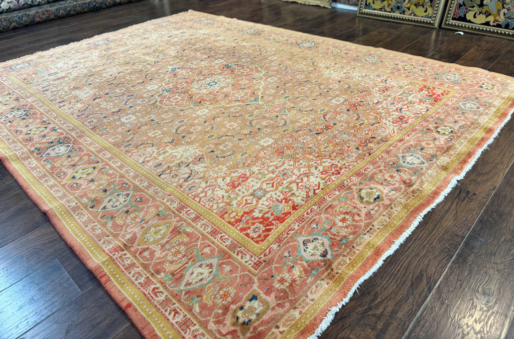 Antique Persian Tabriz Khoy Rug 8x10, Handmade Wool Carpet, Light Green Beige, Vintage Rug for Modern Home