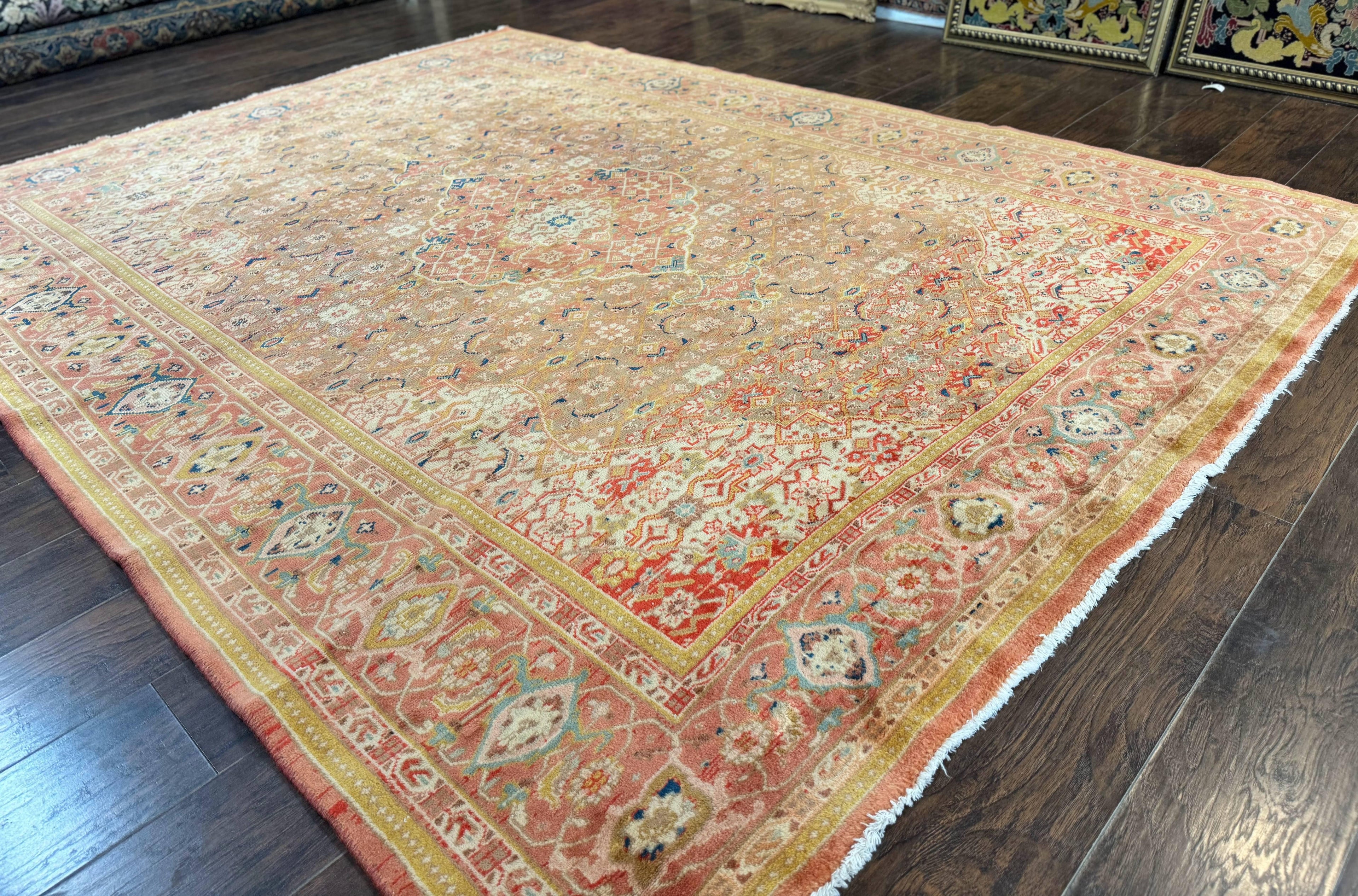 Antique Persian Tabriz Khoy Rug 8x10, Handmade Wool Carpet, Light Green Beige, Vintage Rug for Modern Home