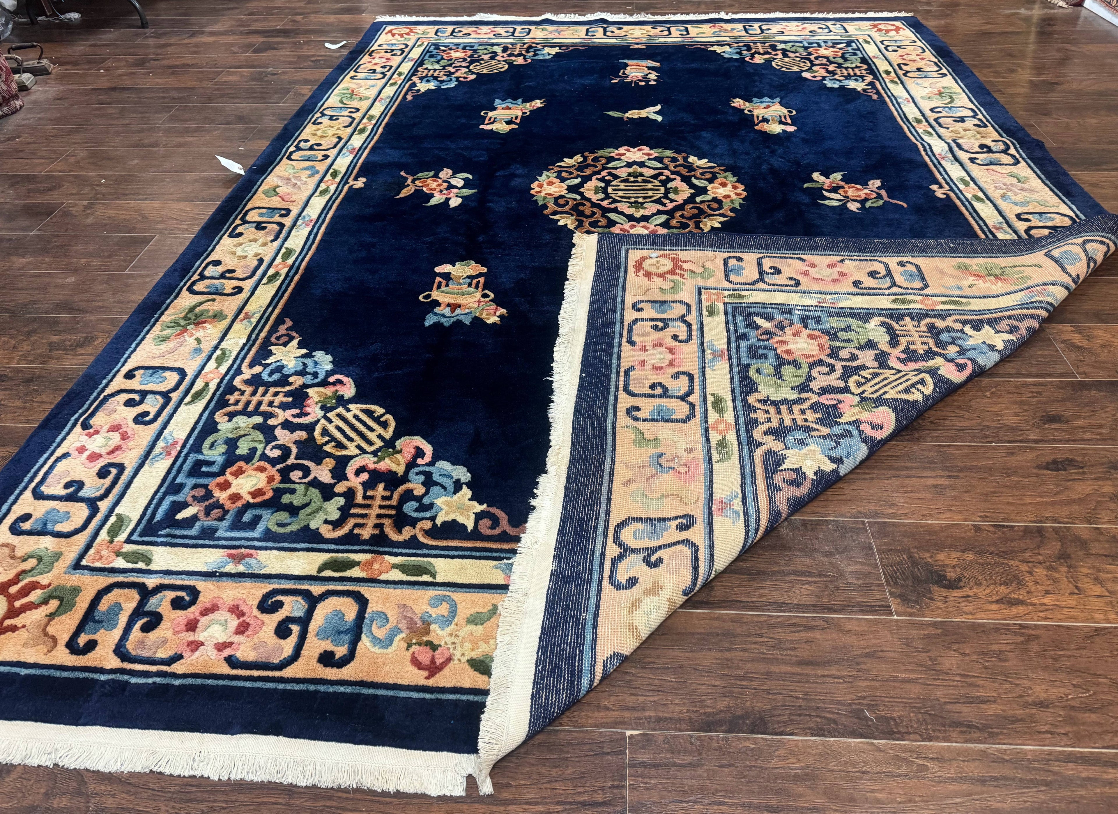 Chinese Wool Rug 8x11, Navy Blue and Beige, Simple Design, Fete Carpet