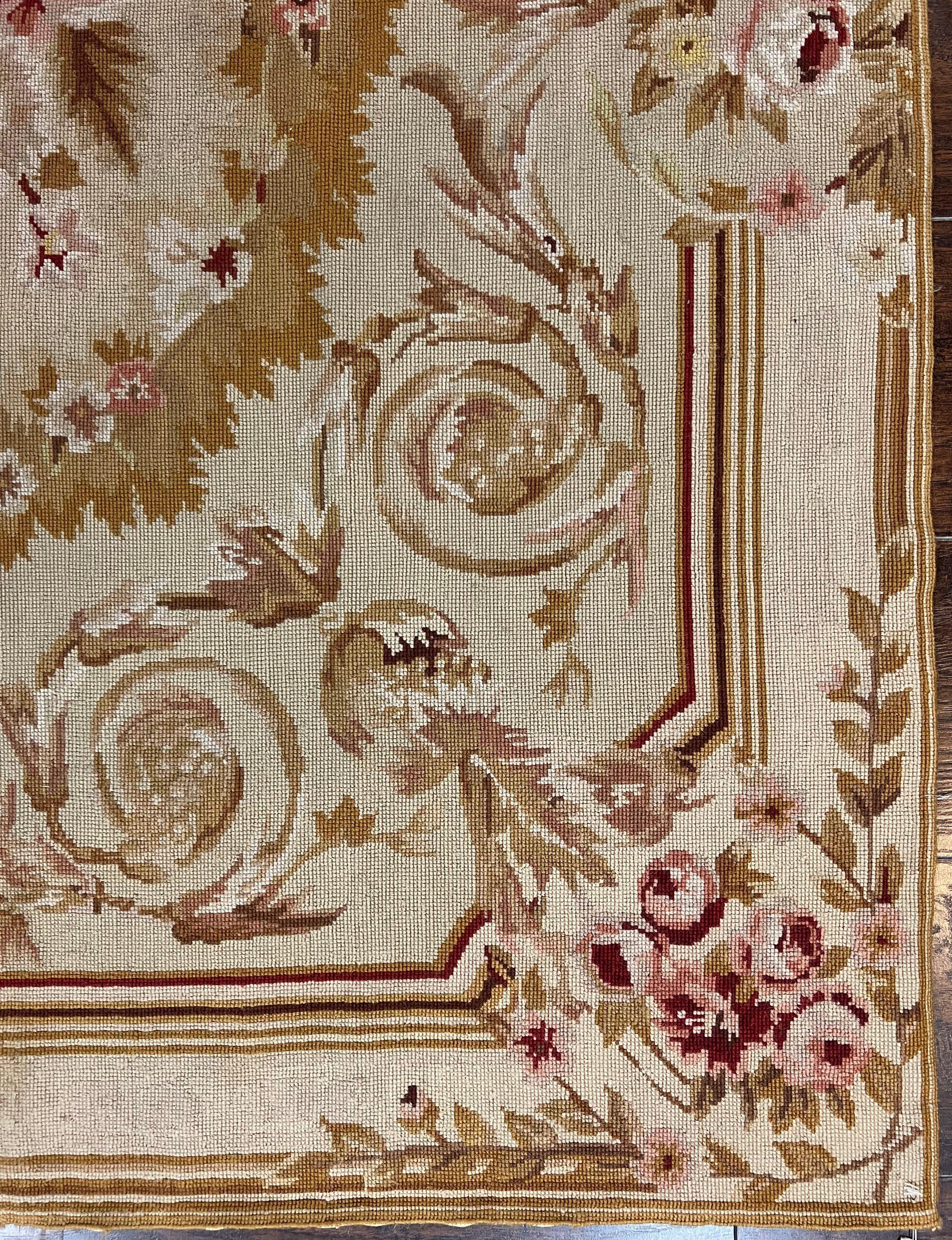 Aubusson Needlepoint Rug 4x5 ft, Beige and Tan, Aubusson Savonnerie Vintage Carpet, Handwoven Handmade Wool Rug, European Design Floral Rose