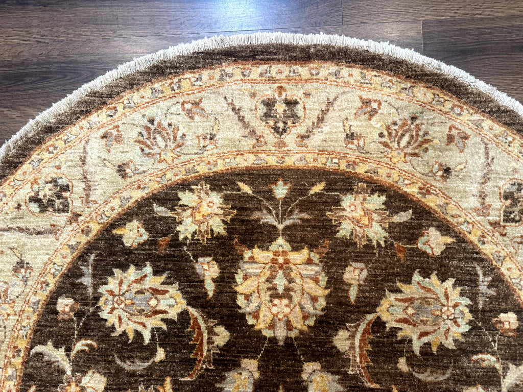 Round Pakistani Rug 6x6, Brown and Beige, Floral, Peshawar Rug, Traditional