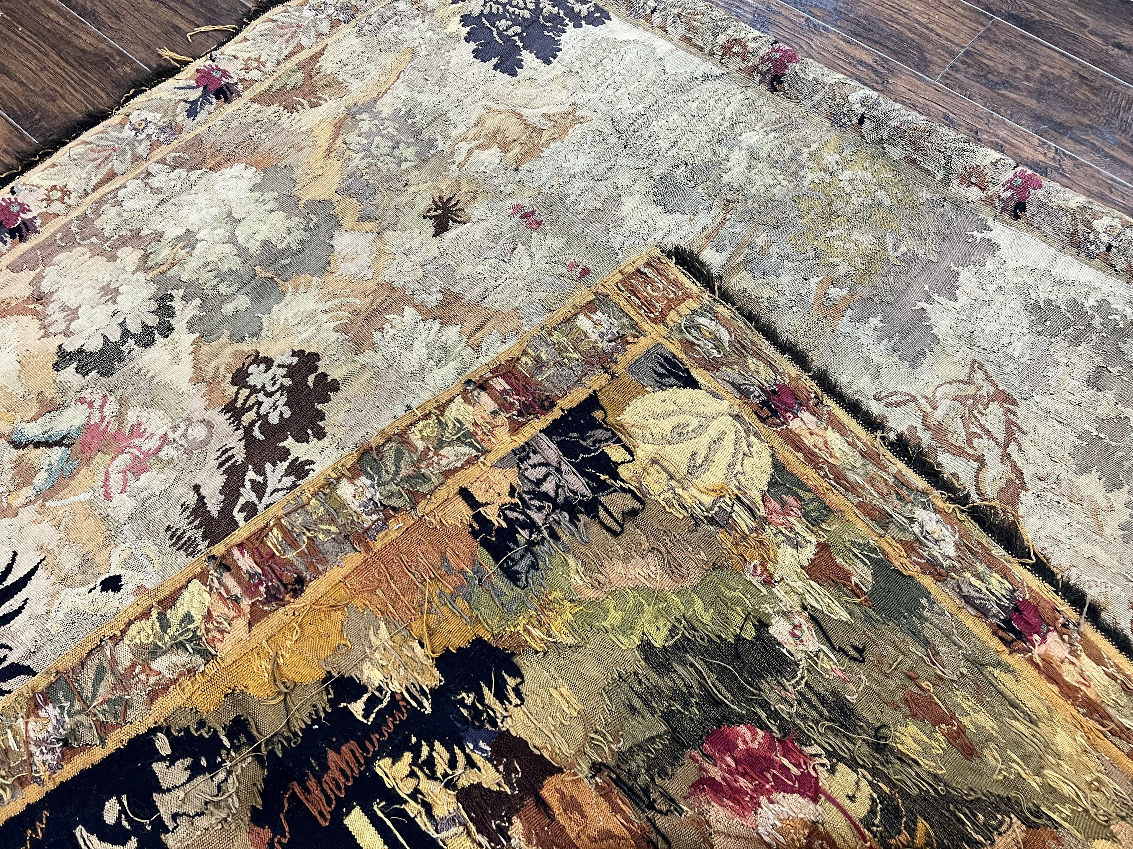 Antique French Tapestry 6x5 ft, European Handmade Wool Aubusson Weave Vintage Tapestry