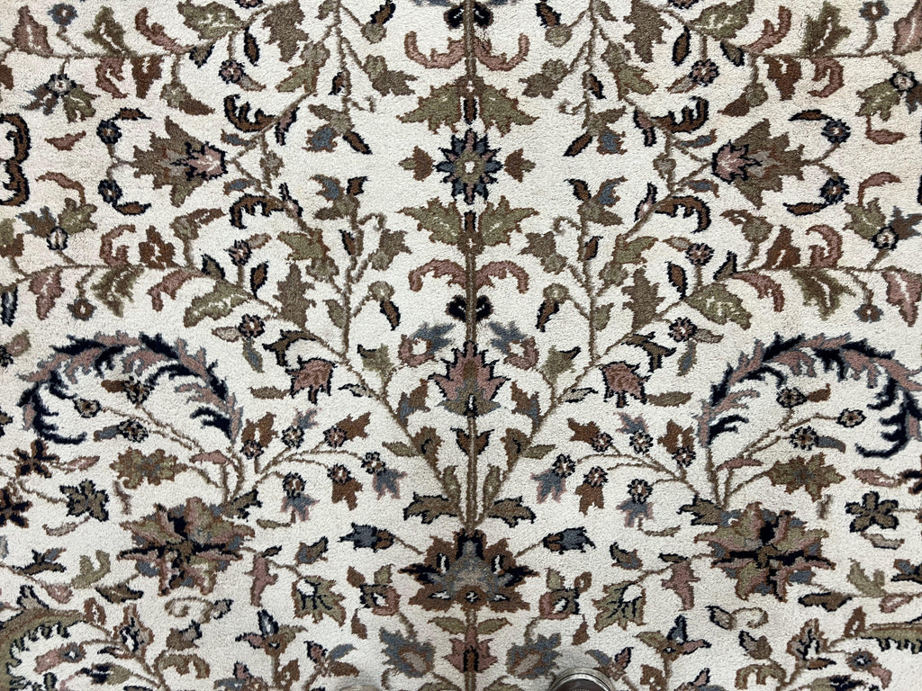 Indo Kirman Rug 8x12 Allover Floral Design, Ivory/Cream Brown, Vintage Handmade Hand Knotted Rug, Traditional Wool Persian Carpet 8 x 12