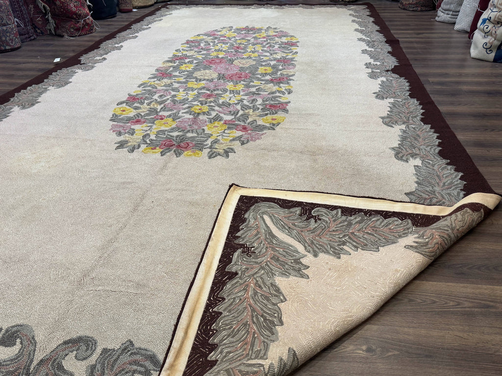 Palace Size American Hooked Rug 11x20 Aubusson Style Ivory