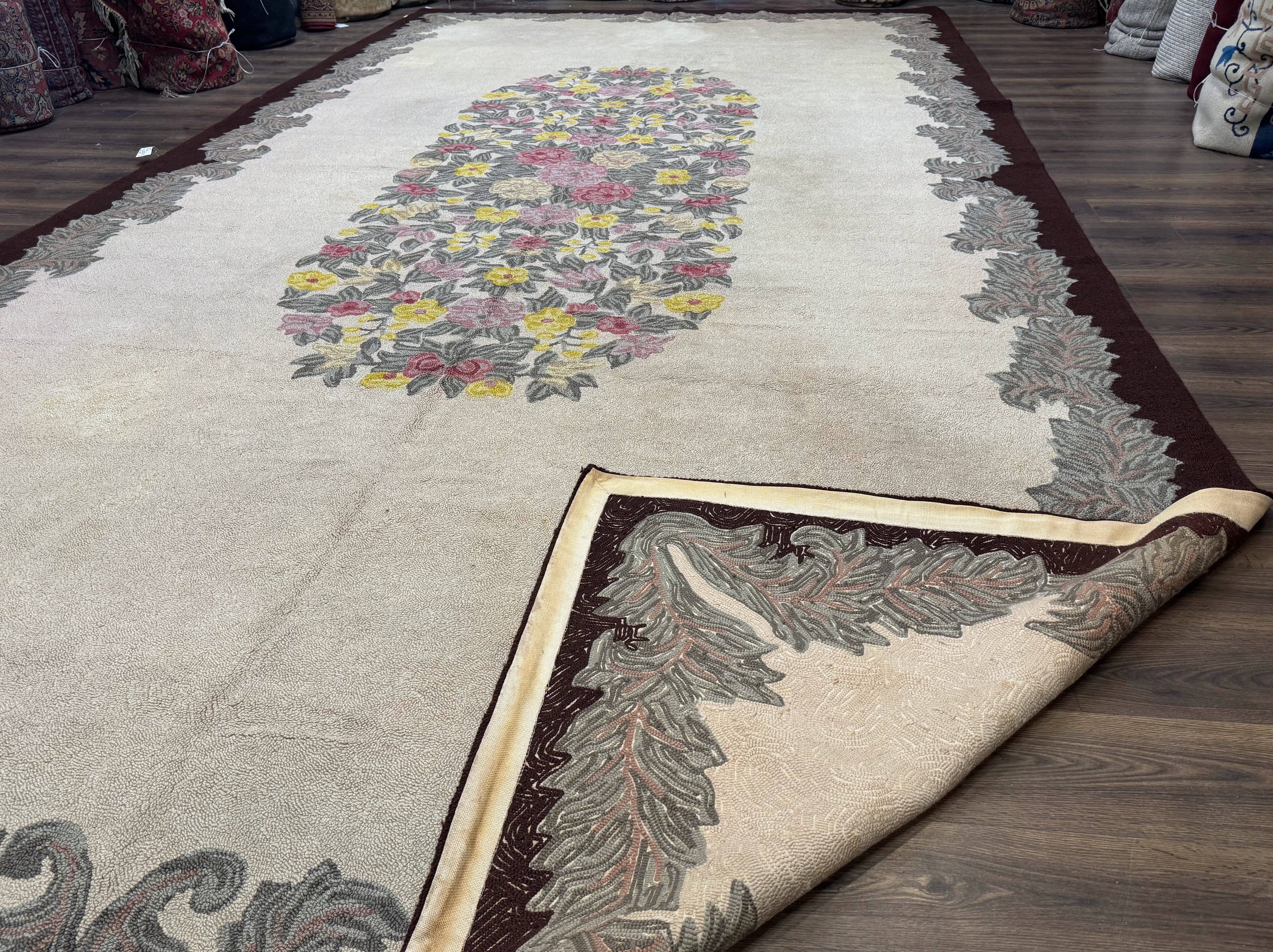 Palace Size American Hooked Rug 11x20 Aubusson Style Ivory