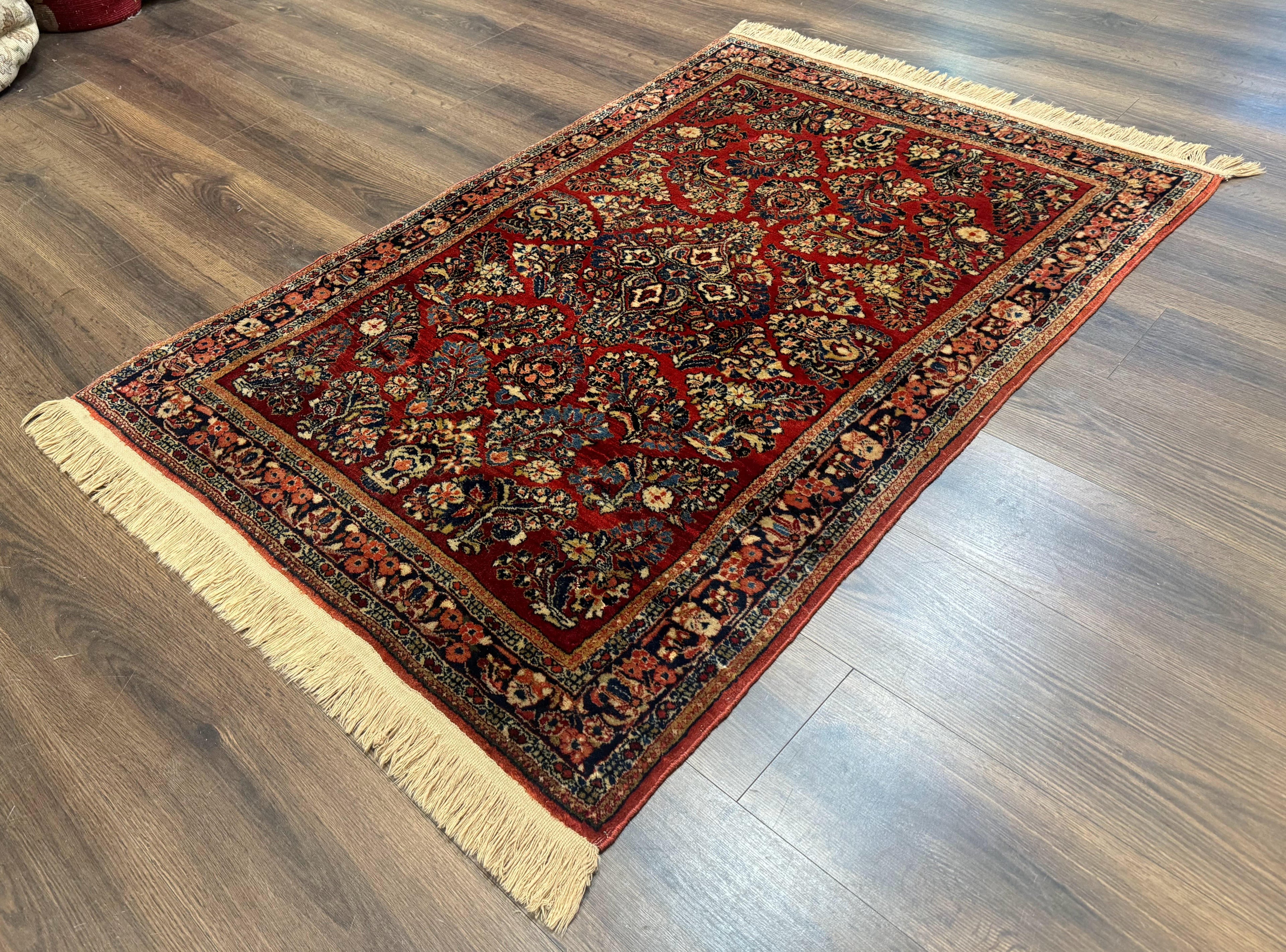 Antique Persian Sarouk Rug 3x5, Red, Floral, 200 KPSI
