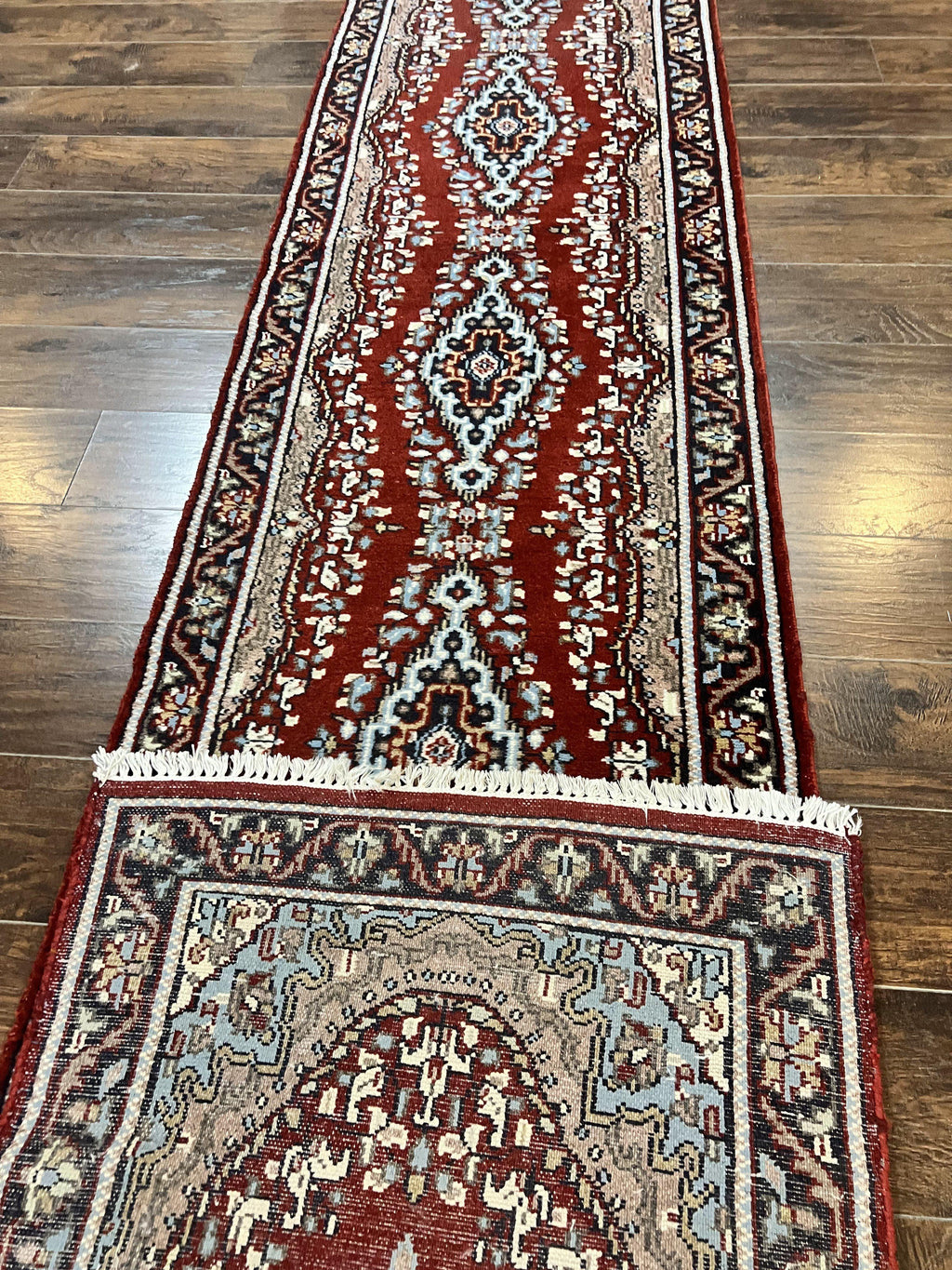 Indo Persian Runner Rug 2.8 x 14.8, Long Indo Kirman Hallway Rug, Red Floral Wool Vintage Handmade Oriental Runner
