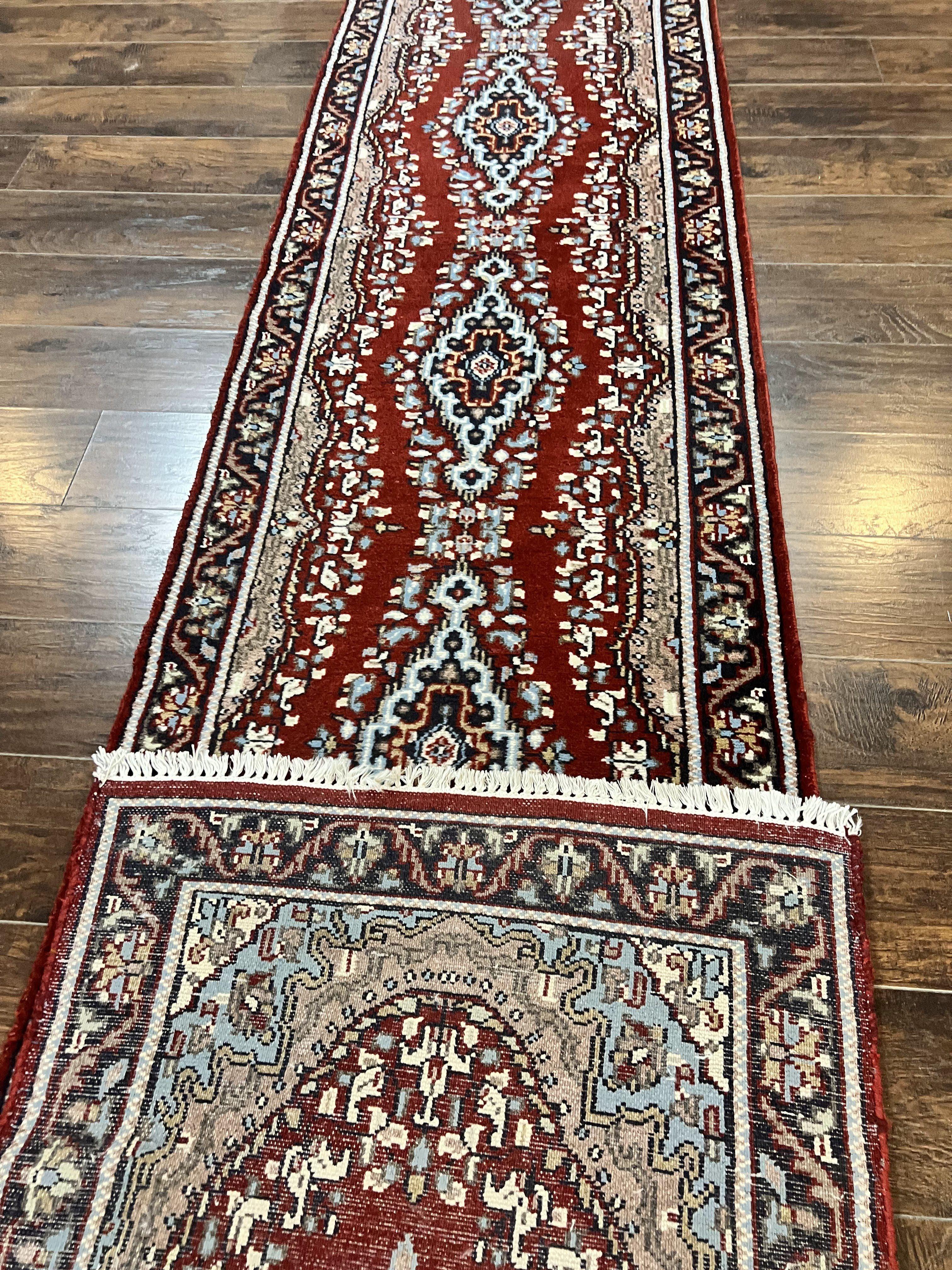 Indo Persian Runner Rug 2.8 x 14.8, Long Indo Kirman Hallway Rug, Red Floral Wool Vintage Handmade Oriental Runner