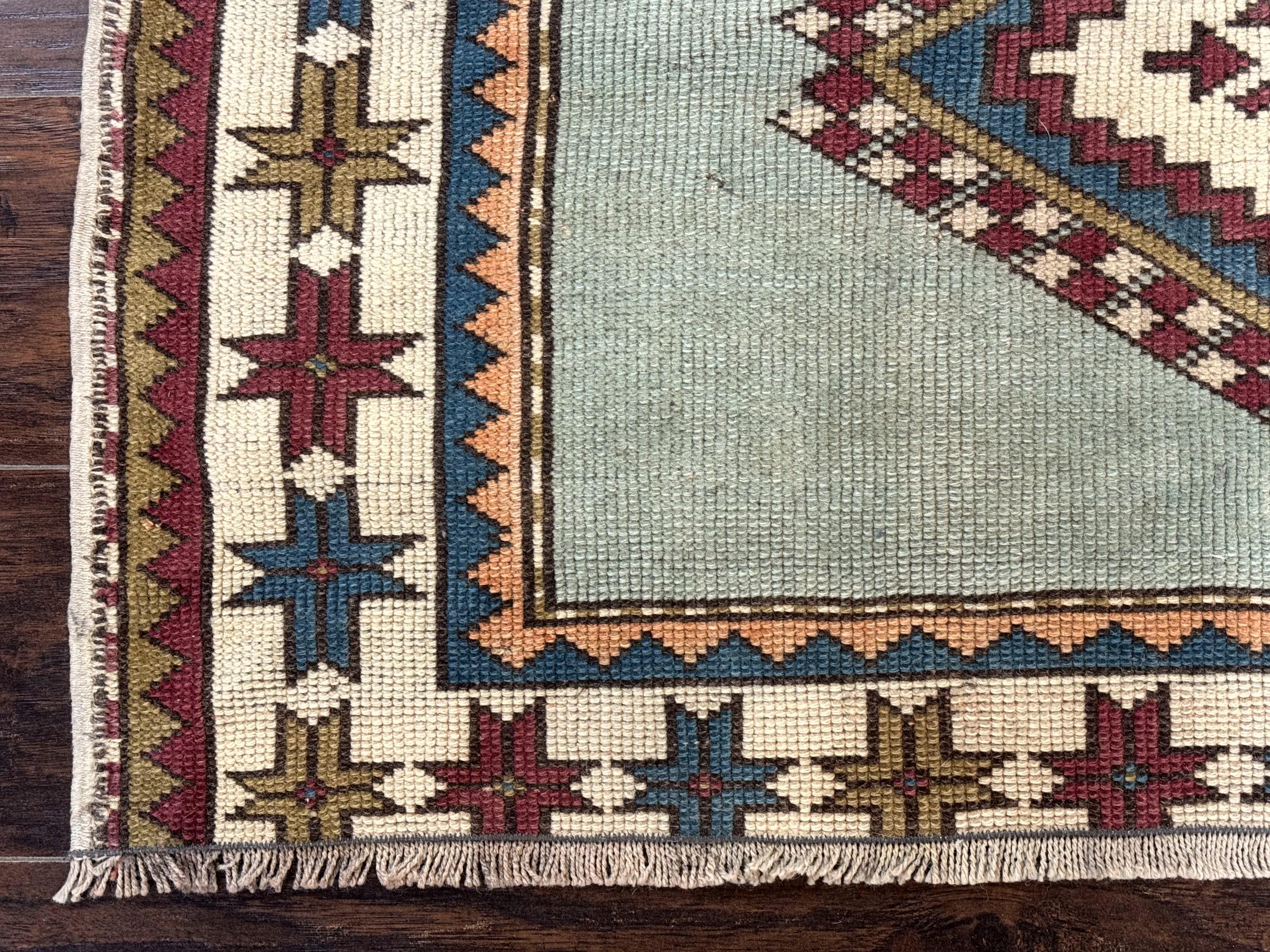 Turkish Kazak Rug 4x6, Geometric Medallion, Caucasian Design Rug, Semi Antique Vintage, Mint Green Maroon Ivory