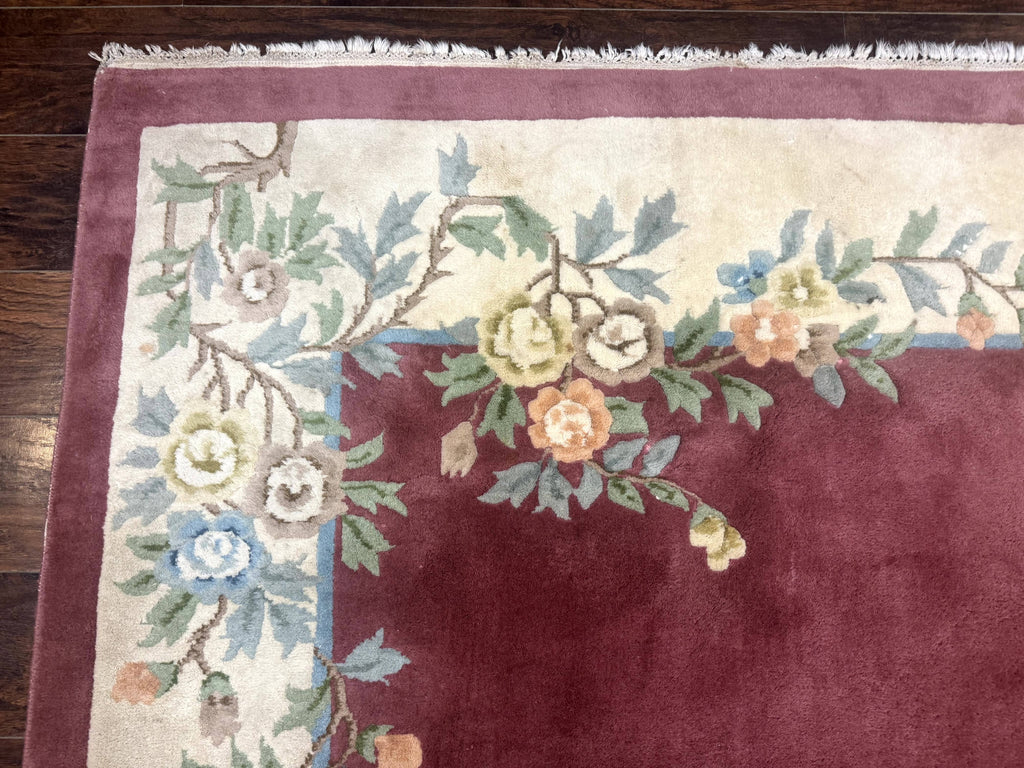 Indo Chinese Art Deco Rug 9x12, Pink and Ivory, Open Filed, Floral, Wool