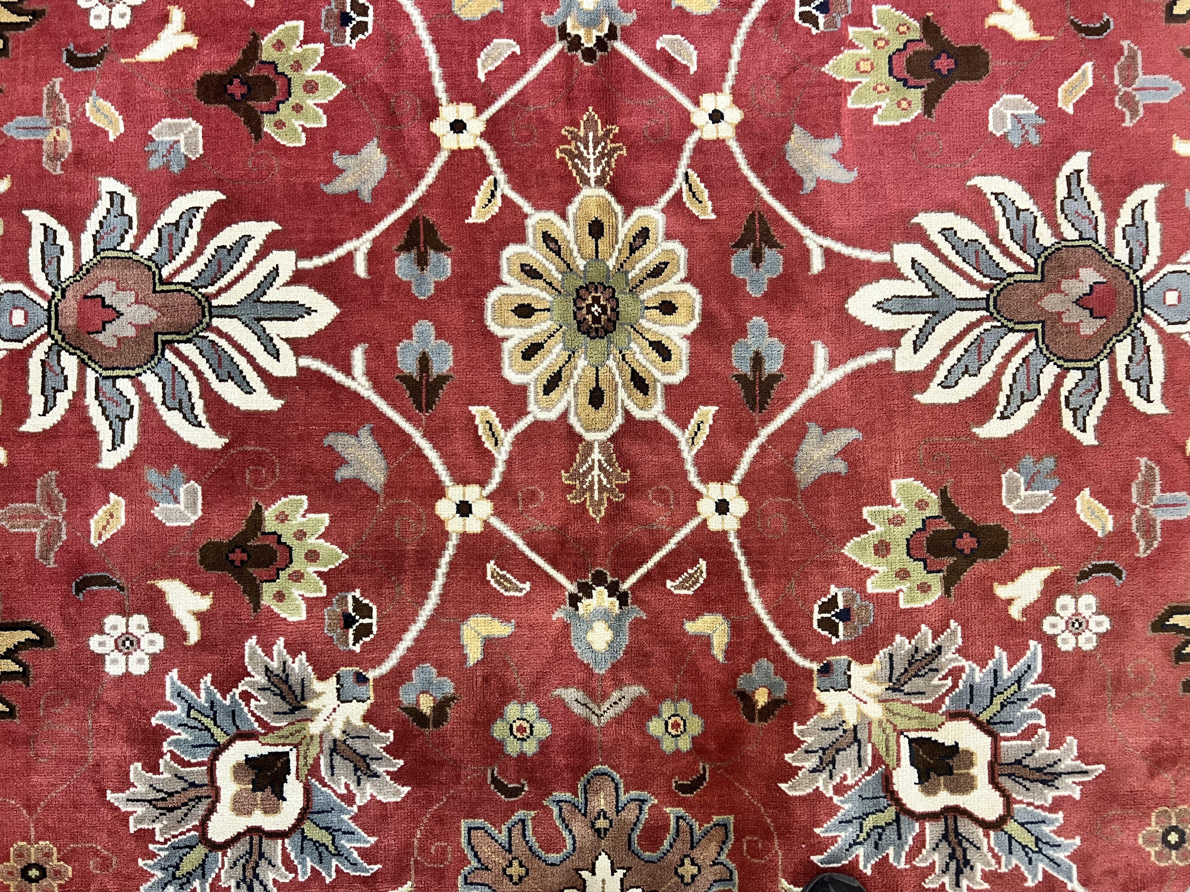 Indo Persian Rug 9x12, Wool Hand Knotted Vintage Carpet, Red & Ivory, Floral Allover, 9 x 12 Room Sized Rug